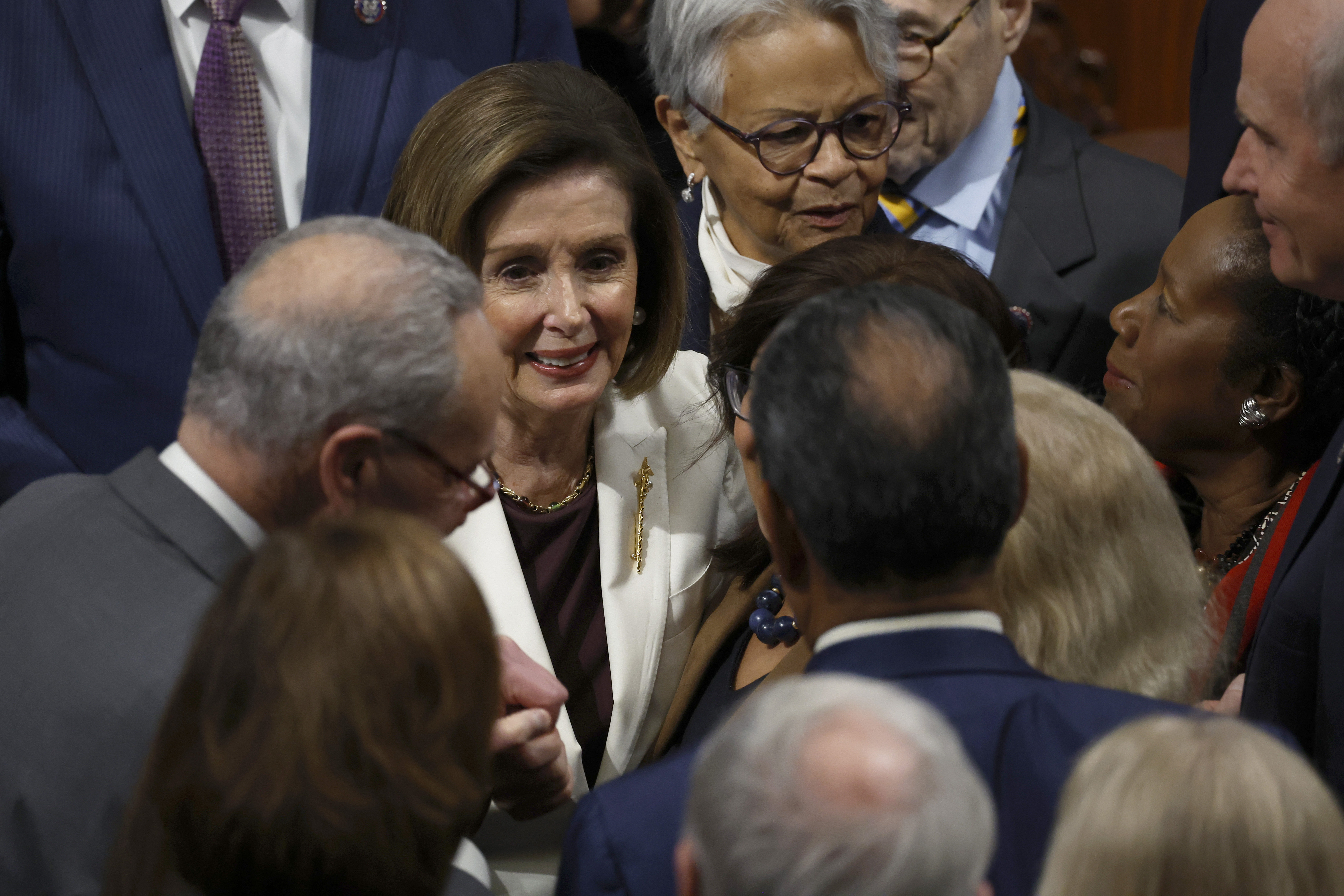 U.S. Speaker of the Nancy Pelosi (D-Calif.) hugs lawmakers after she delivered remarks from the House Chambers of the U.S. Capitol Building on Nov. 17, 2022 in Washington, DC. 