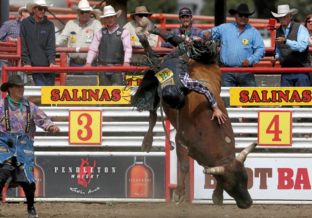 Tristan Maze of Bryan, Texas, gets pitched while bull riding during the finals of the California Rodeo Salinas on July 23, 2017.