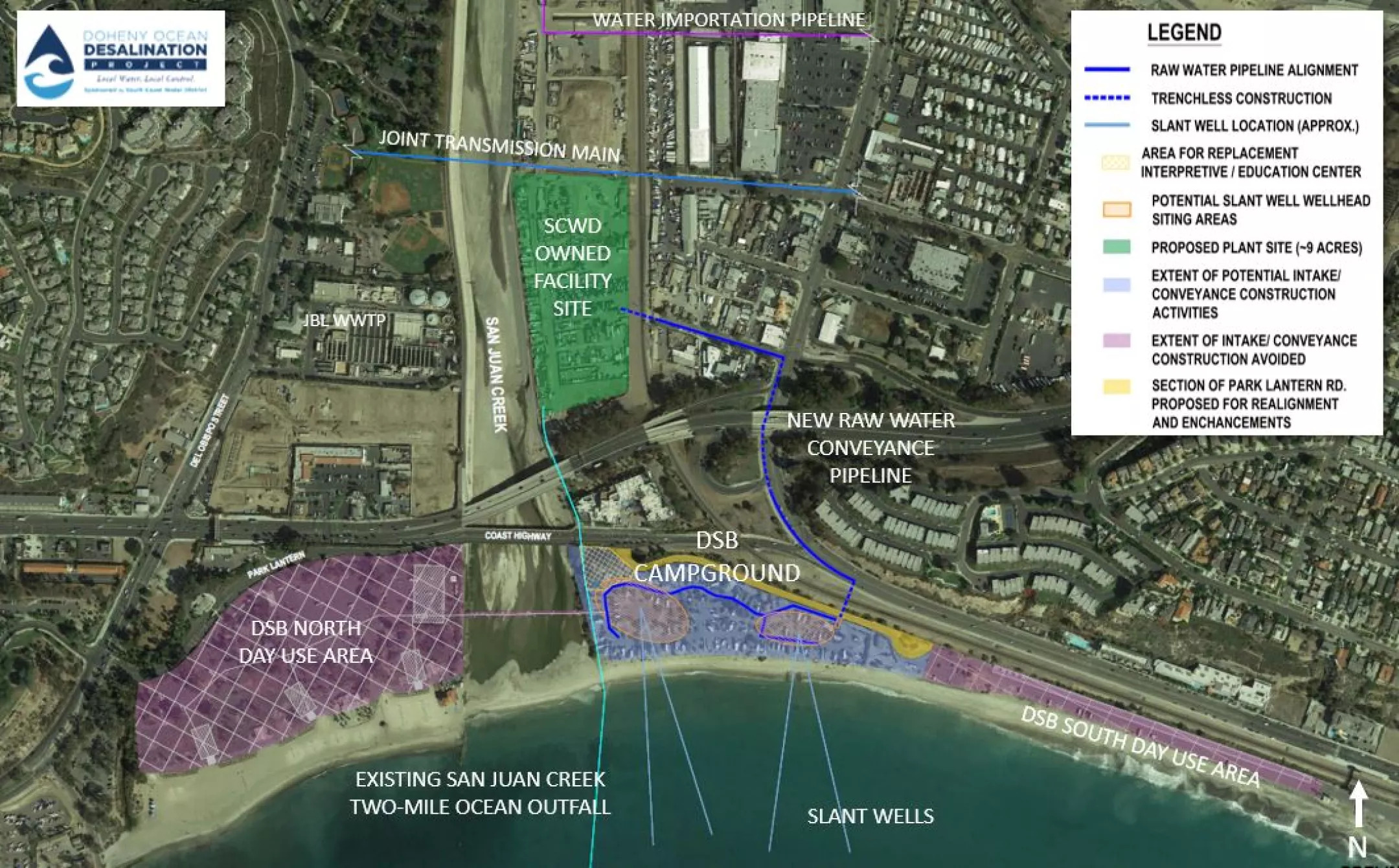 A site map for the proposed Doheny desalination plant in Dana Point shows how pipelines will travel from the ocean to the South Coast Water District facility.