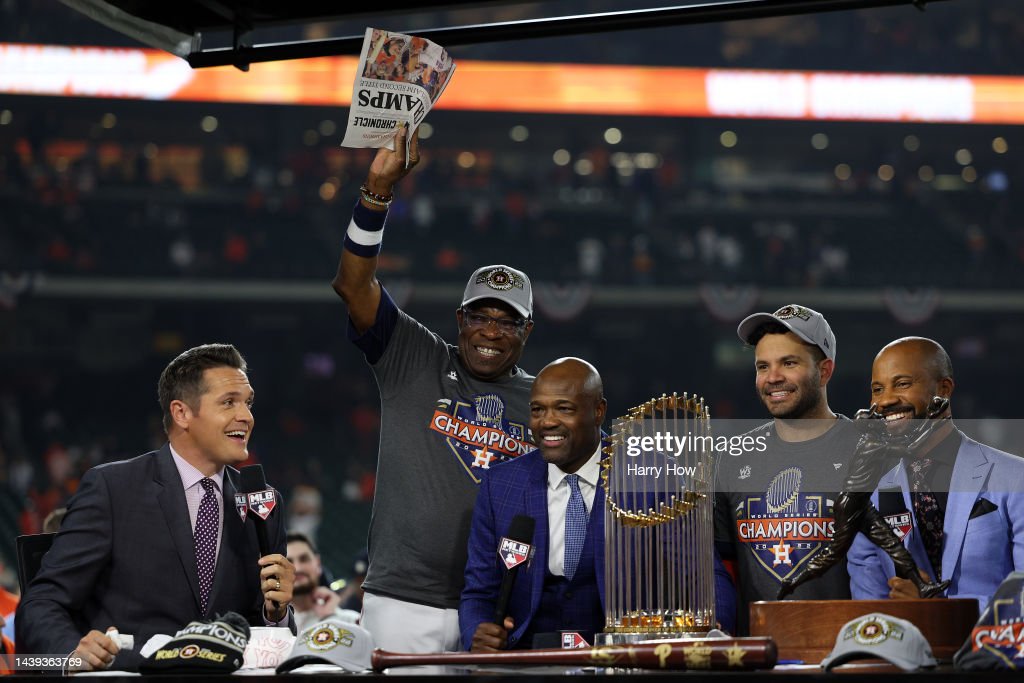 Manager Dusty Baker Jr. and Jose Altuve of the Houston Astros celebrate after defeating the Philadelphia Phillies 4-1 to win the 2022 World Series at Minute Maid Park on Nov. 5, 2022 in Houston, Texas.