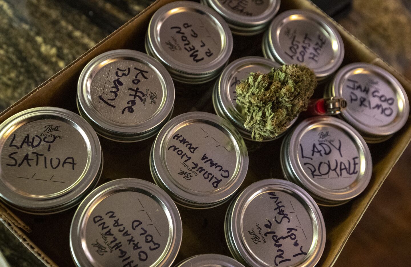 A collection of cannabis samples from Lady Sativa Farm at a meeting among growers, distributors and dispensary owners at Huckleberry Hill Farms outside Garberville, Calif.