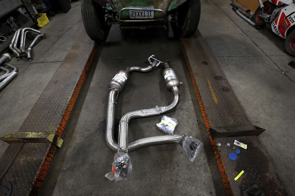 A new catalytic converter on the floor at Johnny Franklin's Muffler on July 11, 2022, in San Rafael, Calif.