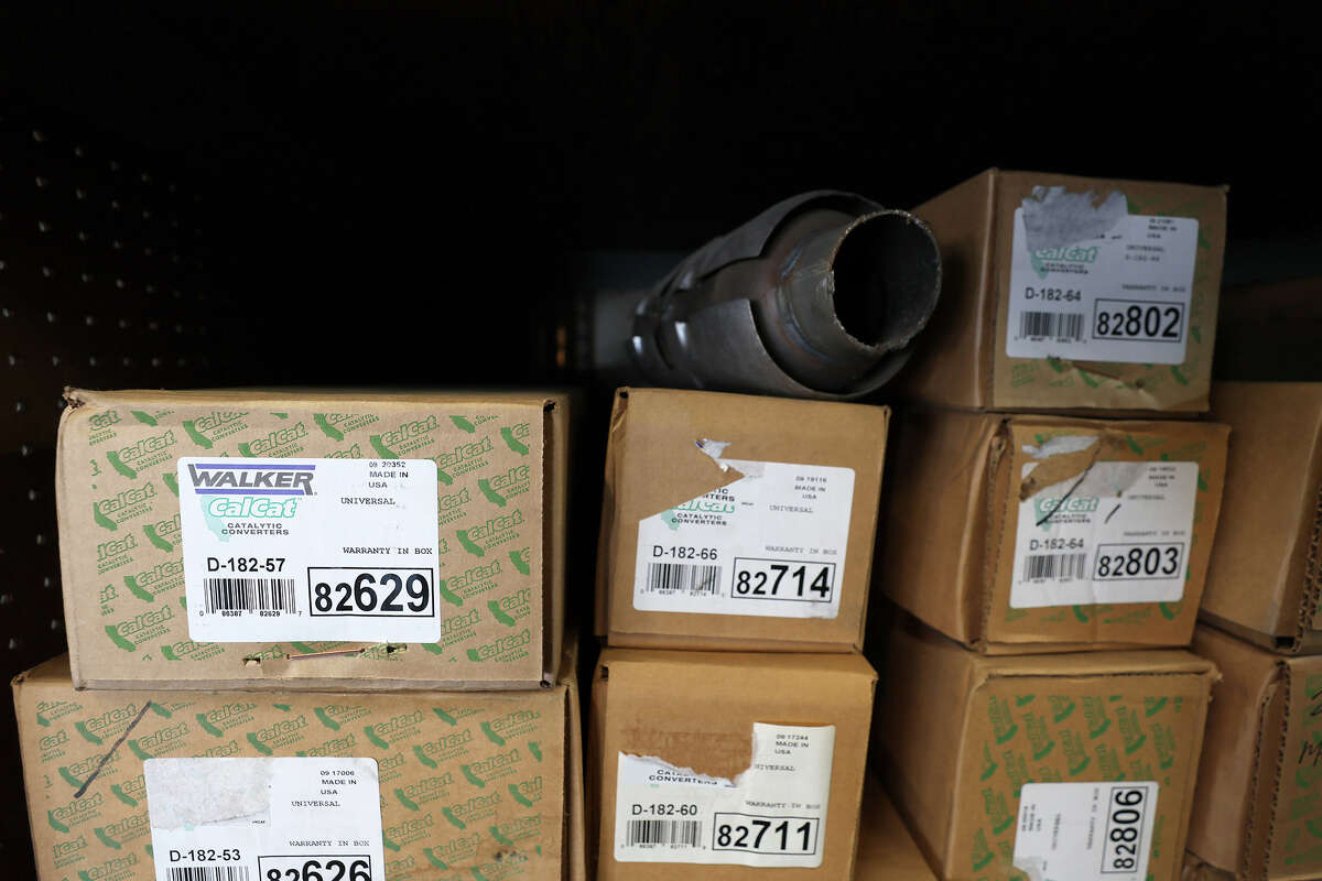 Boxes of new catalytic converters sit on a shelf at Johnny Franklin's Muffler on July 11, 2022, in San Rafael, Calif.