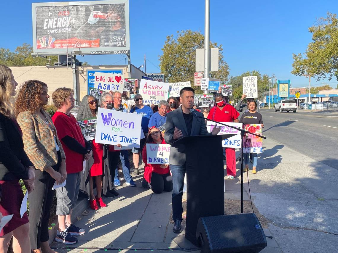 Mike Young of California Environmental Voters speaks at a Sacramento rally attacking Senate candidate Angelique Ashby for receiving support from an oil-funded PAC in the form of independent expenditure ads.