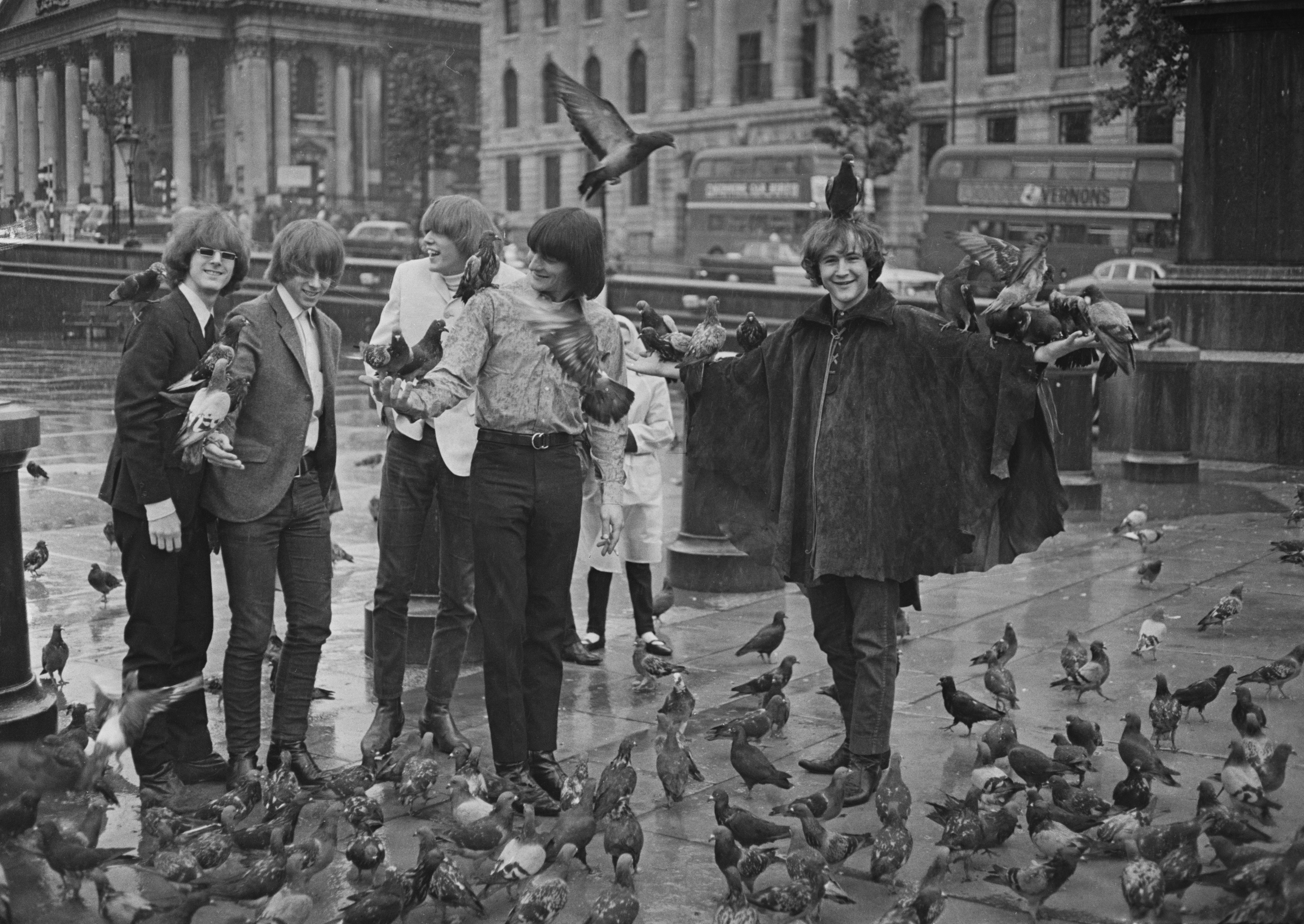 American rock band The Byrds, in Trafalgar Square, London, on Aug. 3, 1965, are (not in order) Roger McGuinn, Gene Clark, David Crosby, Michael Clarke and Chris Hillman.