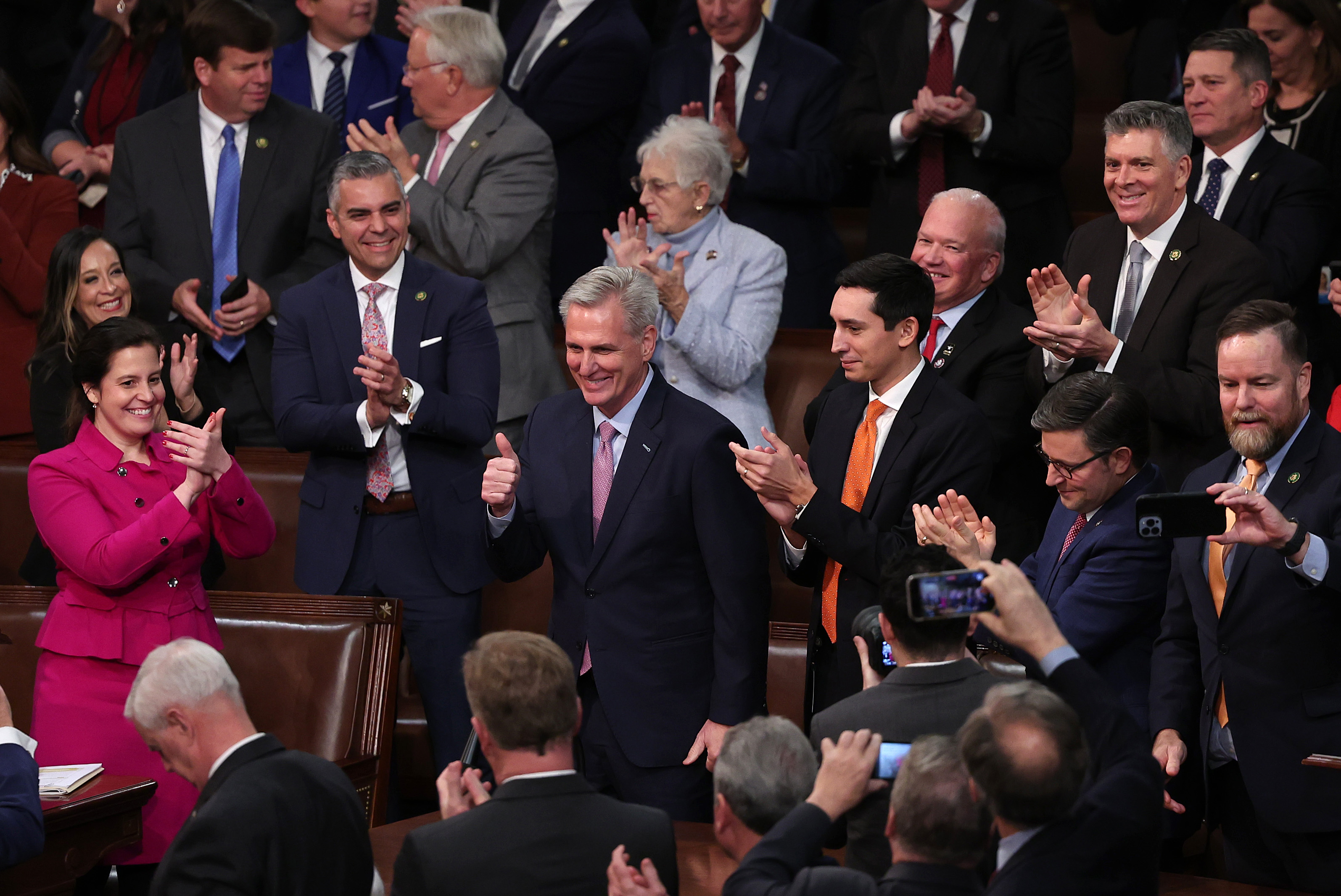 U.S. House Republican Leader Kevin McCarthy (R-Calif.) gives a thumbs-up after being elected Speaker of the House in the House Chamber at the Capitol on Jan. 7, 2023 in Washington, D.C.