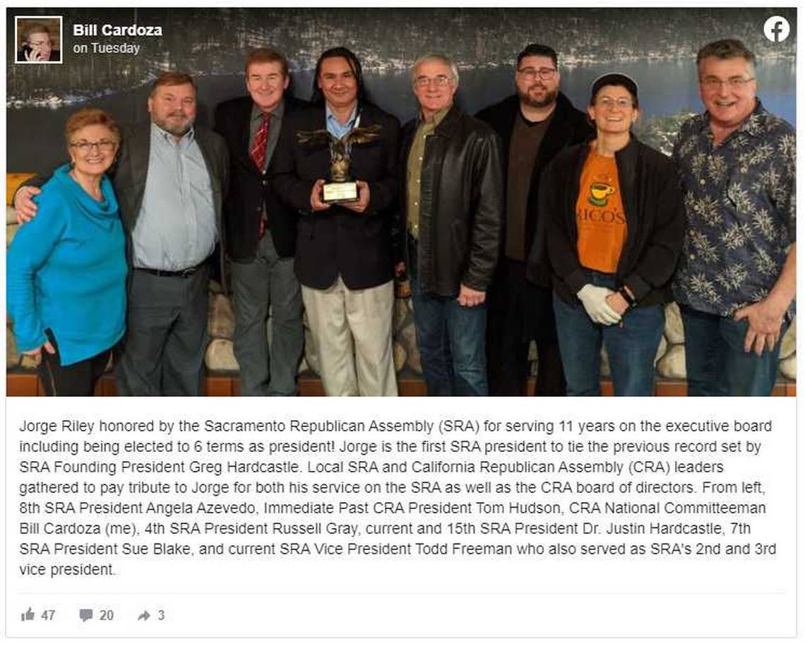 In a Facebook post created Tuesday, March 9, 2021, by California Republican Assembly national committeeman Bill Cardoza, Capitol riot suspect Jorge Riley, center, is seen being honored with an award for his service to the Sacramento Republican Assembly.
