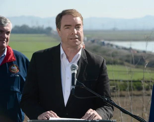 Damon Connolly speaks during an event at Sonoma Raceway on Feb. 21, 2020, to announce legislation by state Sen. Bill Dodd aimed at improving Highway 37. 