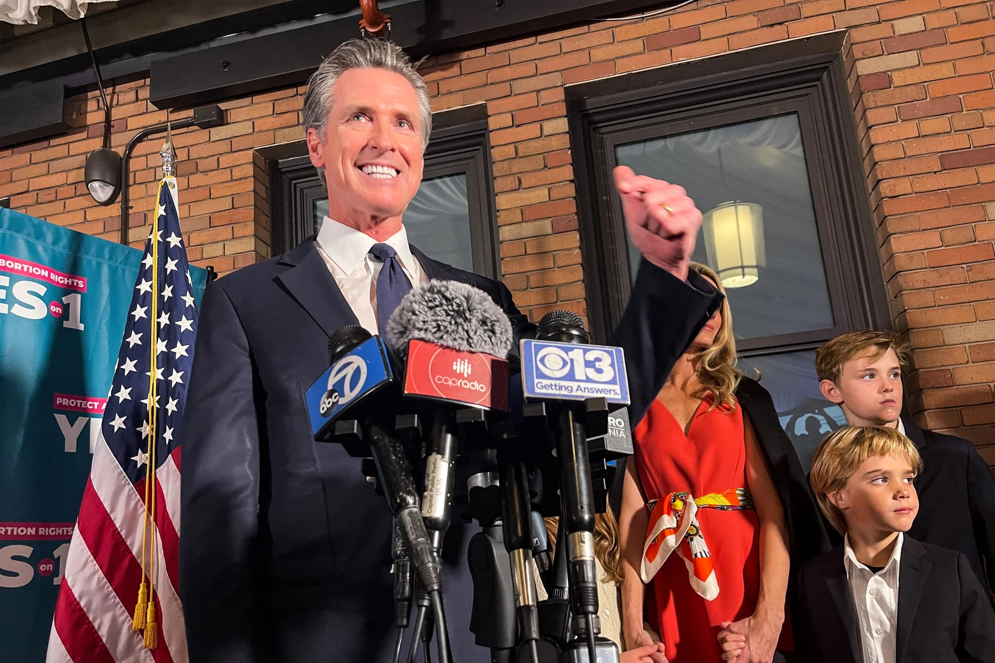 Democratic Gov. Gavin Newsom celebrates with his family after winning a second term in November.