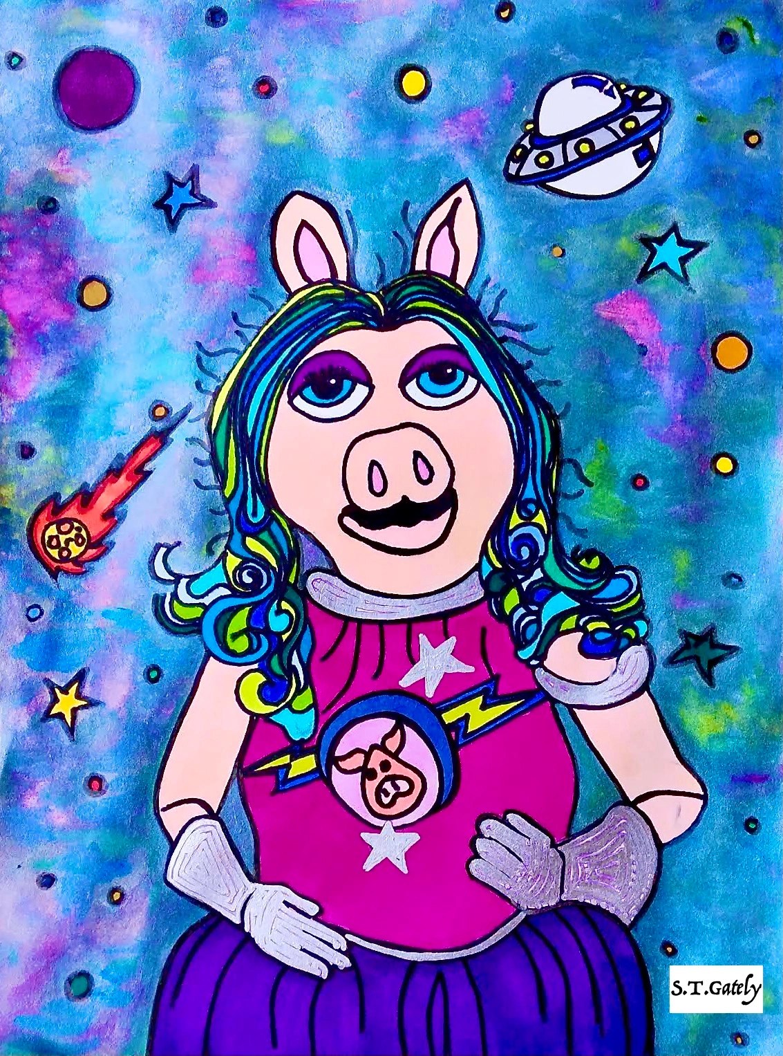 Artist ST Gately Space Travelin_ Pig, 8.5x11, Mixed Media on Paper, 2022, Available for Purchase and Print