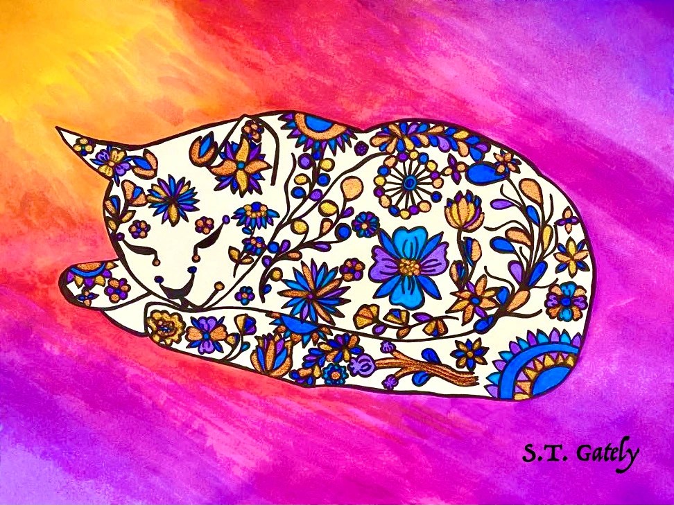 Artist ST Gately The Sleeping Kitty, 9x12, Mixed Media on Paper, 2021, Sold, Prints Available