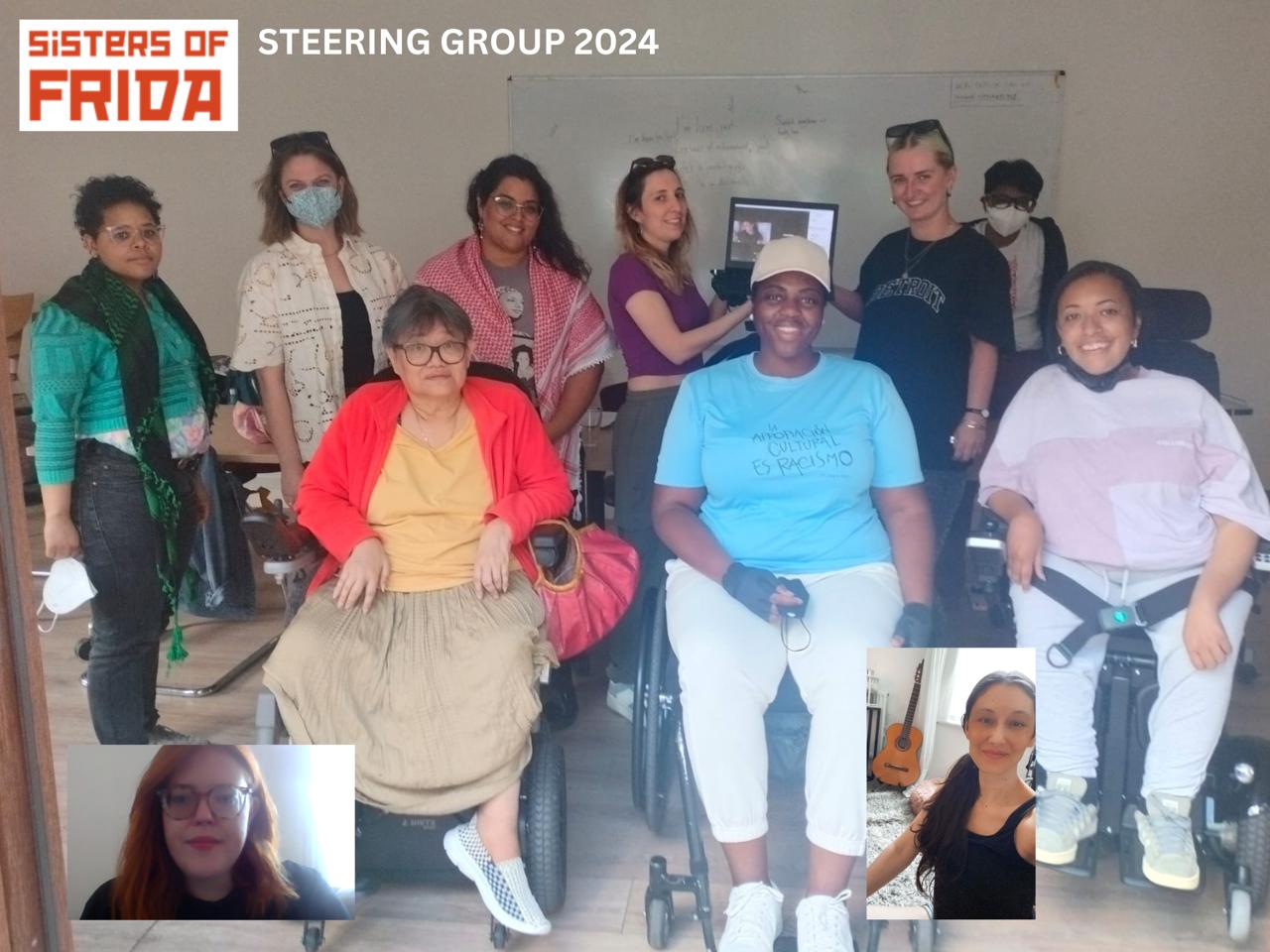 A photo of the new steering group and 3 co-directors in their meeting. There are 6 people standing, 3 wheelchair users and 2 people attending via a laptop, their photos are super imposed. People are smiling at the camera, they are from a range of different ethnic backgrounds and some are wearing masks for Covid safety. The Sisters of Frida logo is in the corner