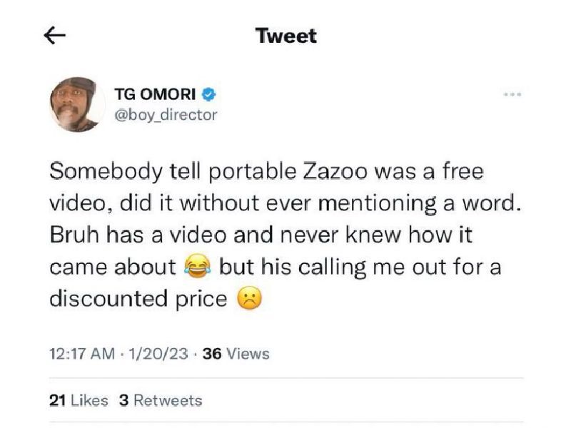 Zazu Zeh video was free - TG Omori blasts Portable for lamenting $50,000 bill 2