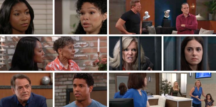 general hospital spoilers collage tj, stella, jordan, sonny, jason, carly, ava, trina, portia.