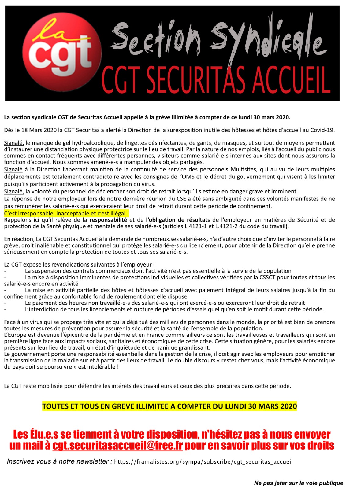 La Section Syndicale Cgt De Securitas Accueil Appelle A La Greve Illimitee A Compter De Ce Lundi 30 Mars 2020 Fsetud