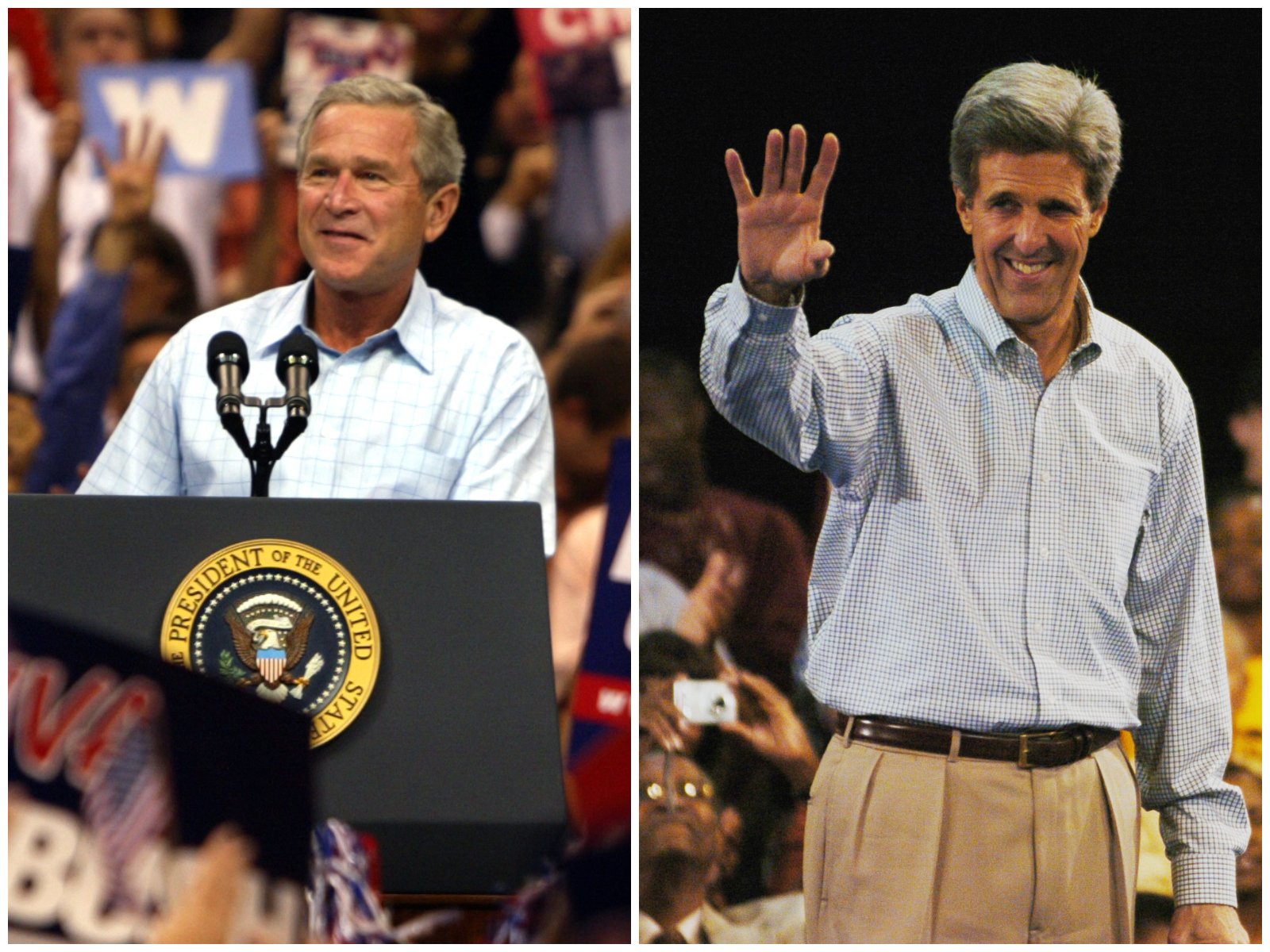 In this side-by-side file photo former President George W. Bush campaigns in Sunrise at the Office Depot Center (now knows as FLA Live Arena) and Sen. John Kerry waves during a town hall in Hollywood at the Martin Luther King Jr. Center in Hollywood during the 2004 campaign trail.