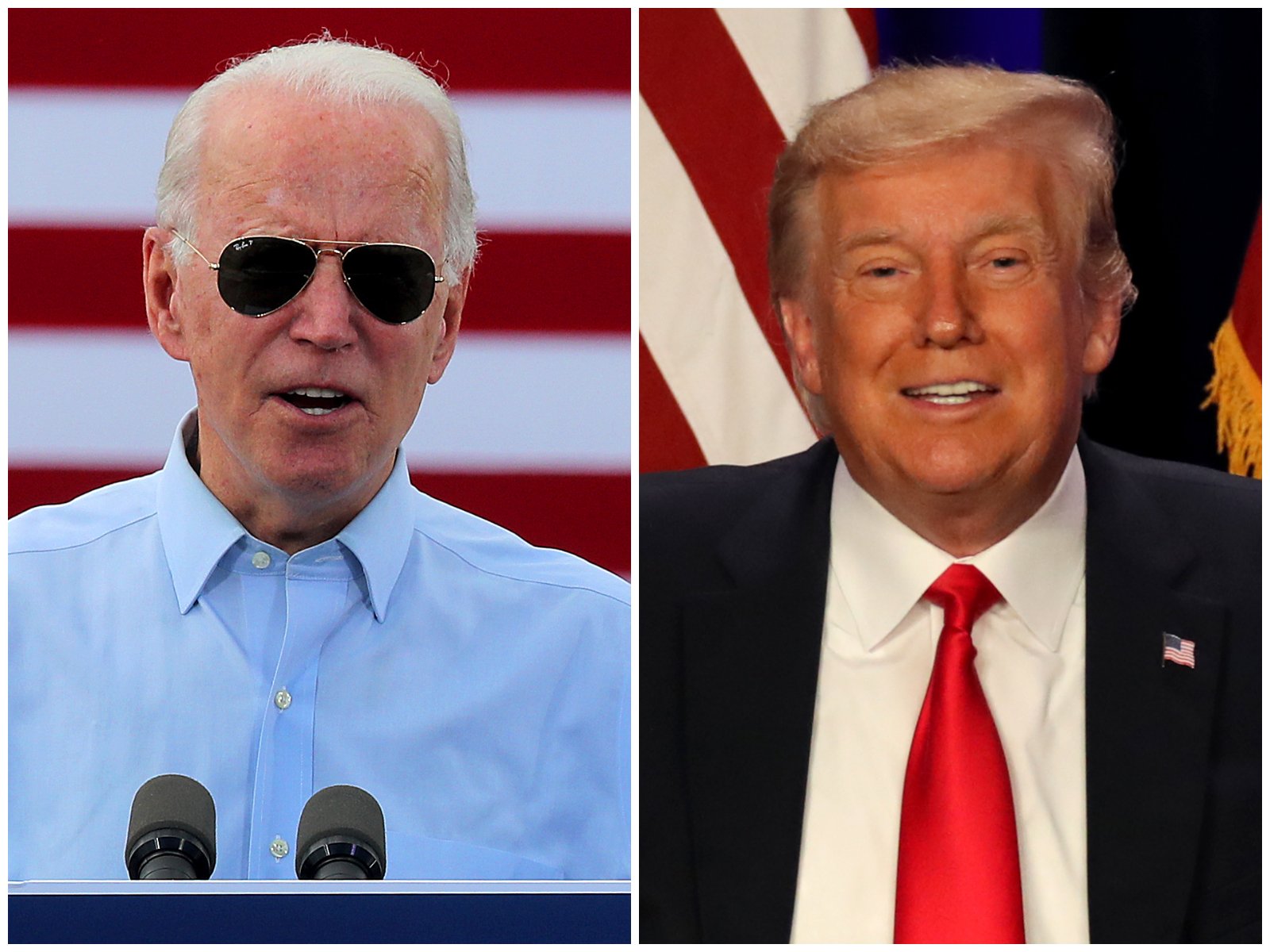 In this side-by-side file photo President Joe Biden campaigns in Coconut Creek at Broward College North and former President Donald Trump speaks during a roundtable in Doral at the Trump National Doral Miami during the 2020 campaign trail.