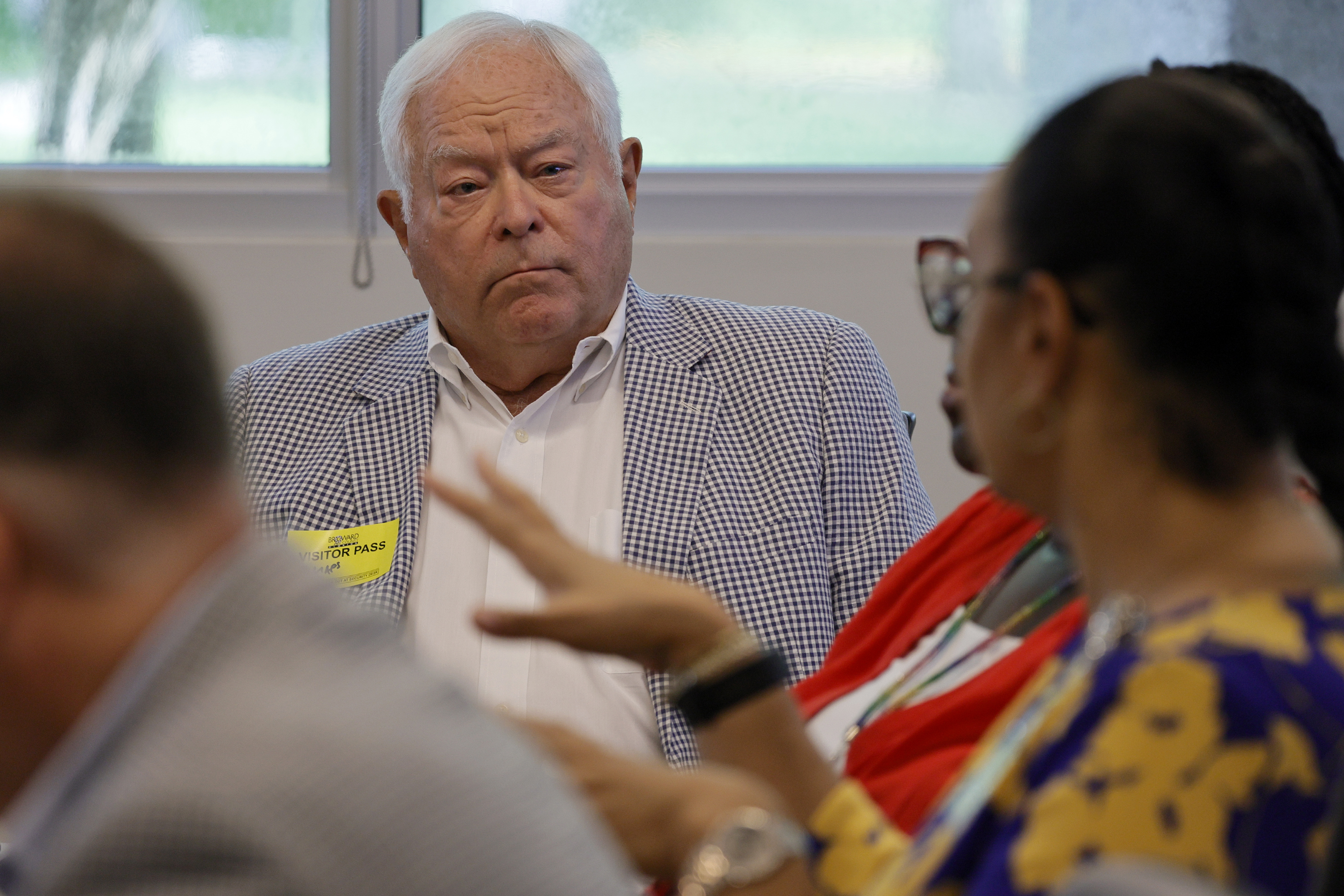 Pompano Beach City Manager Greg Harrison looks on as Broward County Deputy County Administrator Kimm (cq) Campbell answers a question during a a planning and brainstorming session at the Broward County Governmental Center West in Plantation to address homelessness on Monday, July 8, 2024. (Amy Beth Bennett / Sun Sentinel)