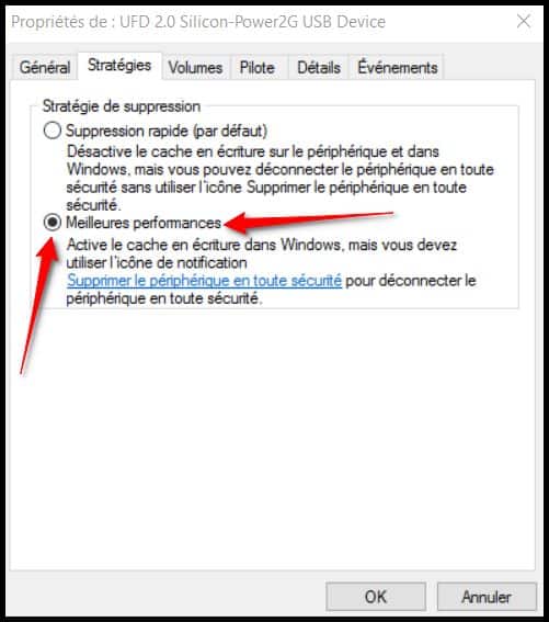 onglet Stratégie meilleures performances windows disques lecteurs externes