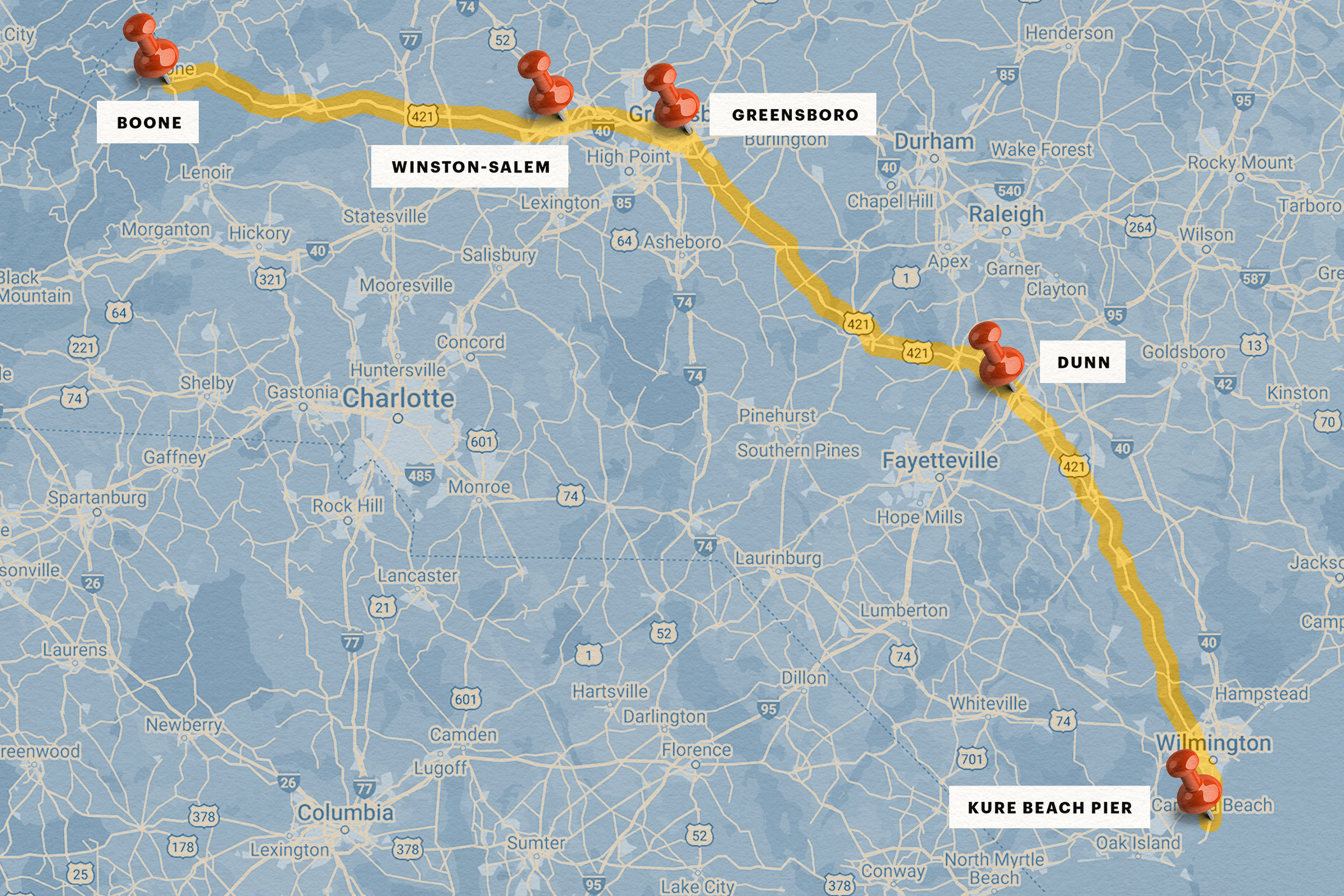 A map of U.S. 421, stretching from Boone to Kure Beach | U.S. 421 and the Future of Carolina Core