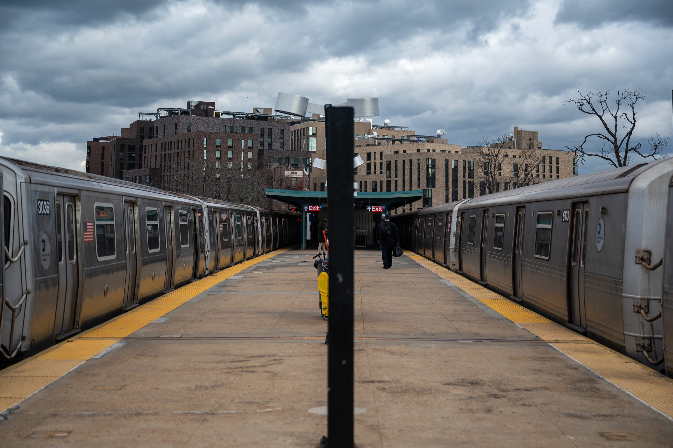 Two A trains sat on an empty platform at the end of the line in Far Rockaway. Friday, Jan. 20, 2023.