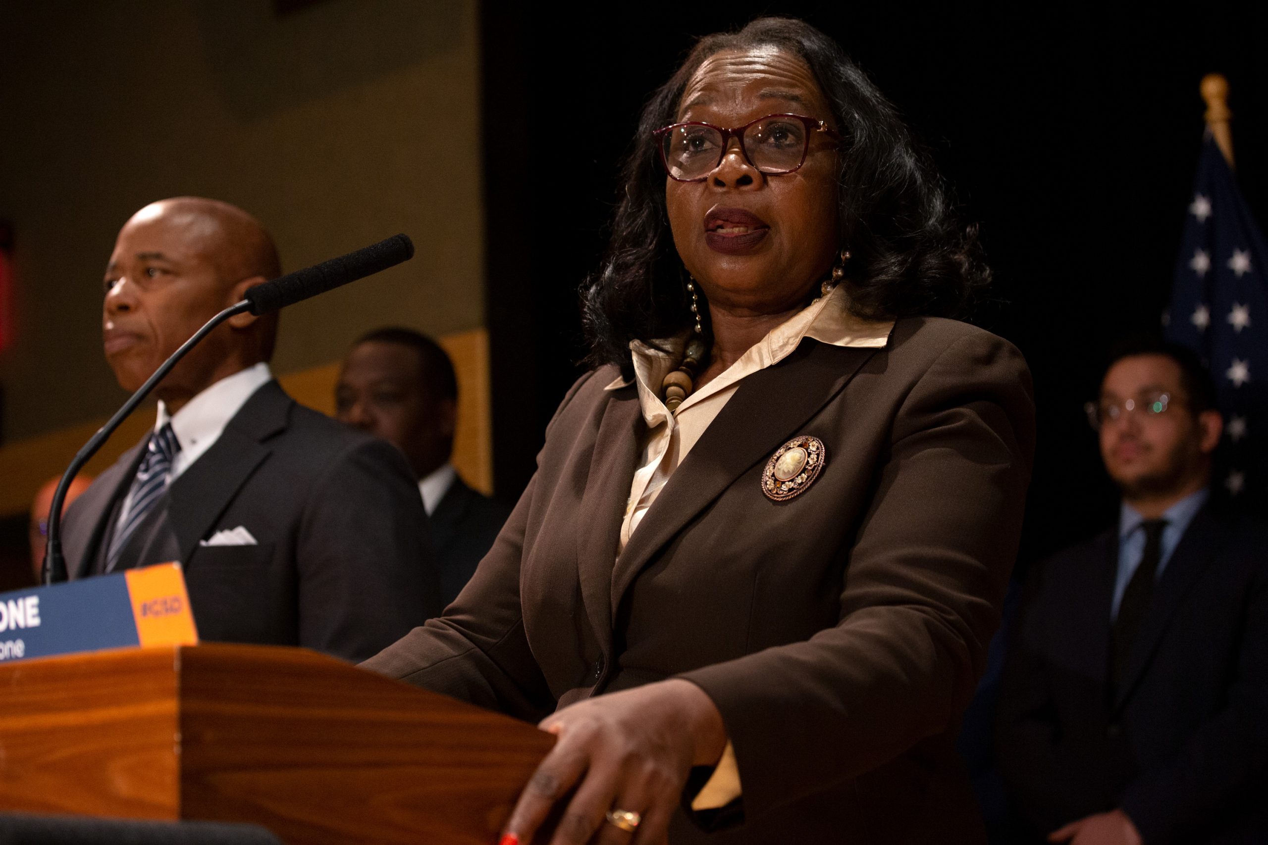 City Corporation Counsel Sylvia Hinds-Radix speaks on the Upper West Side about cracking down on unlicensed marijuana sellers.