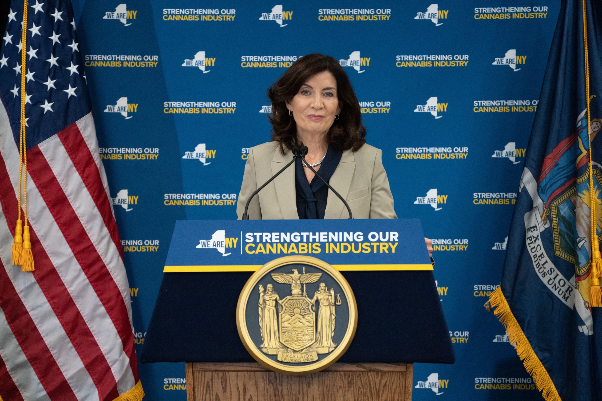 Gov. Kathy Hochul speaks about a state law enforcement effort against unlicensed cannabis businesses, June 22, 2023.