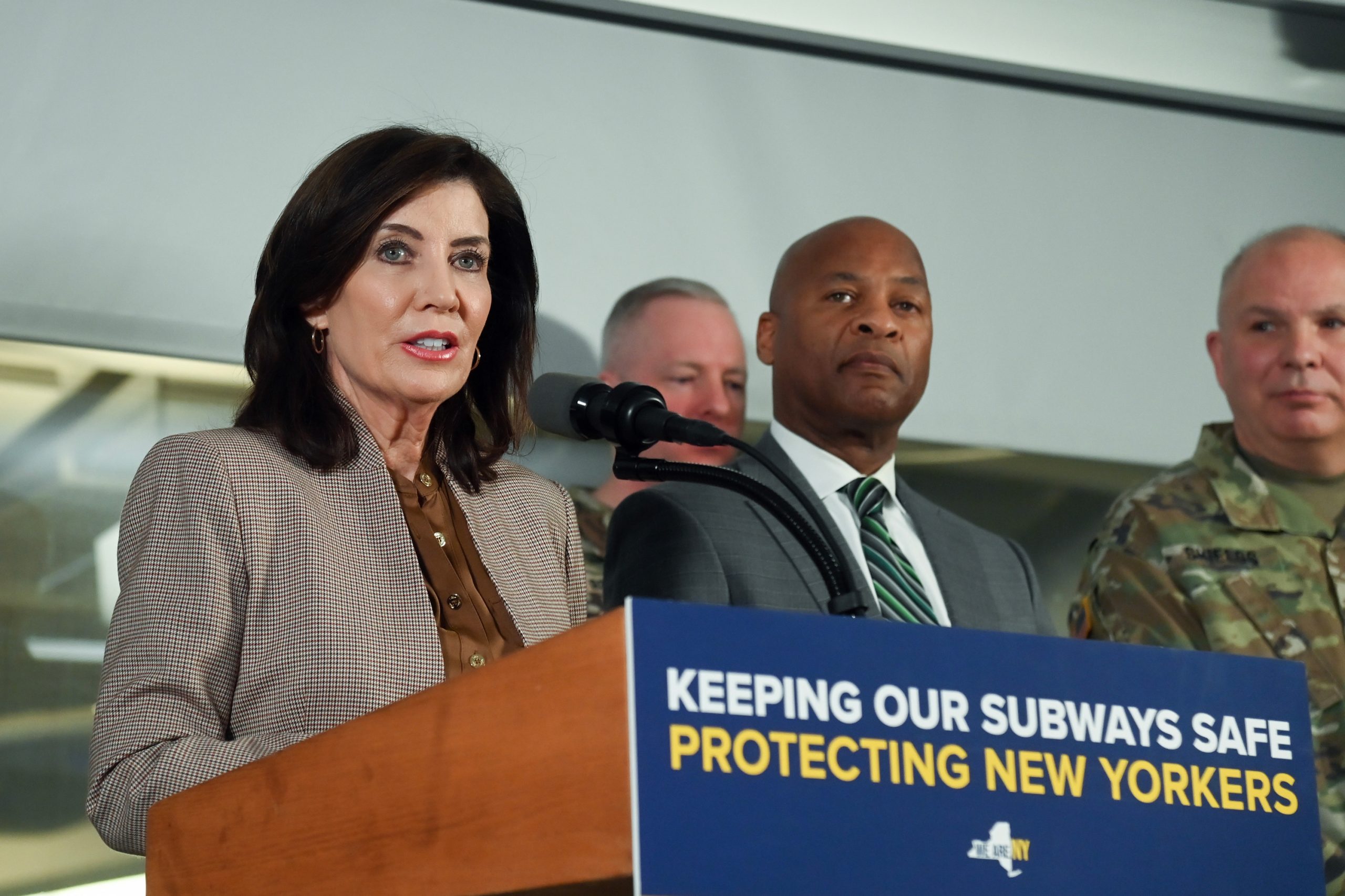 Gov. Kathy Hochul and MTA Chair & CEO Janno Lieber announce a subway safety plan at the NYCT Rail Control Center.