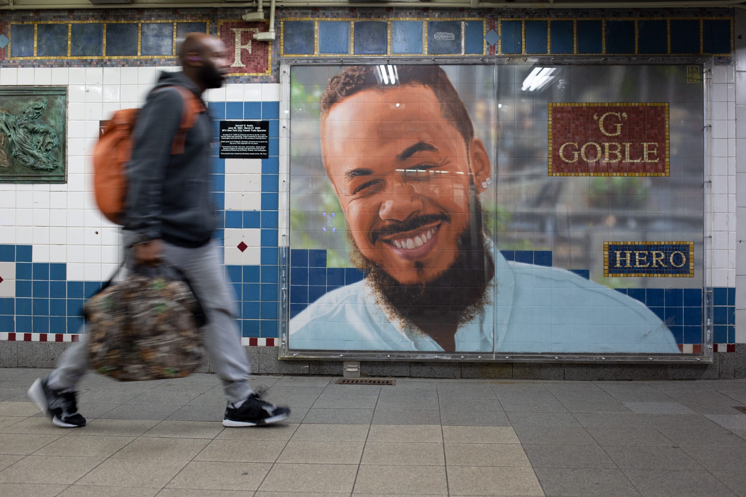 A mural at the Flatbush Avenue station honors train operator Garett Goble.