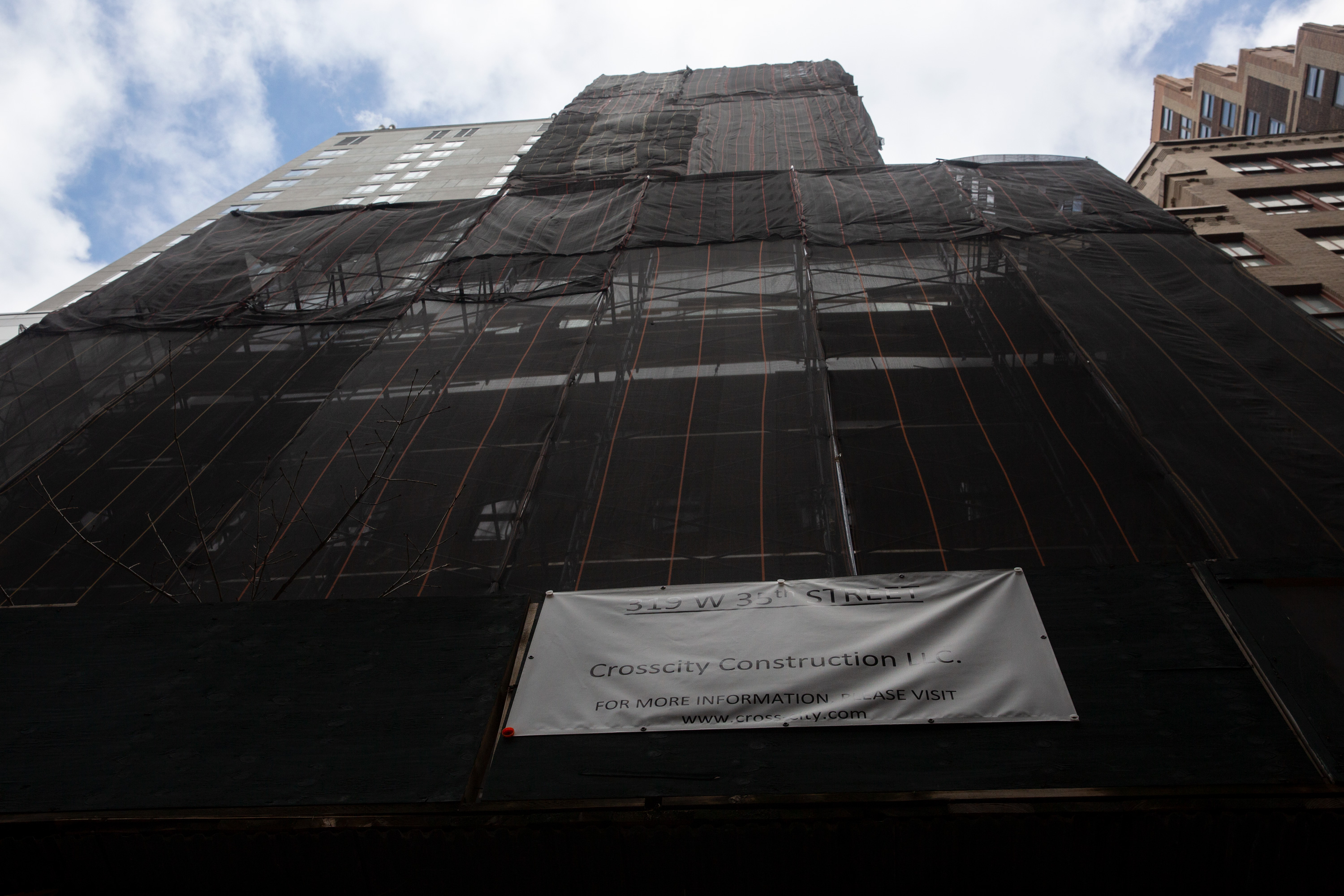 Scaffolding covered a hotel construction site at 319 West 35th Street in Midtown.