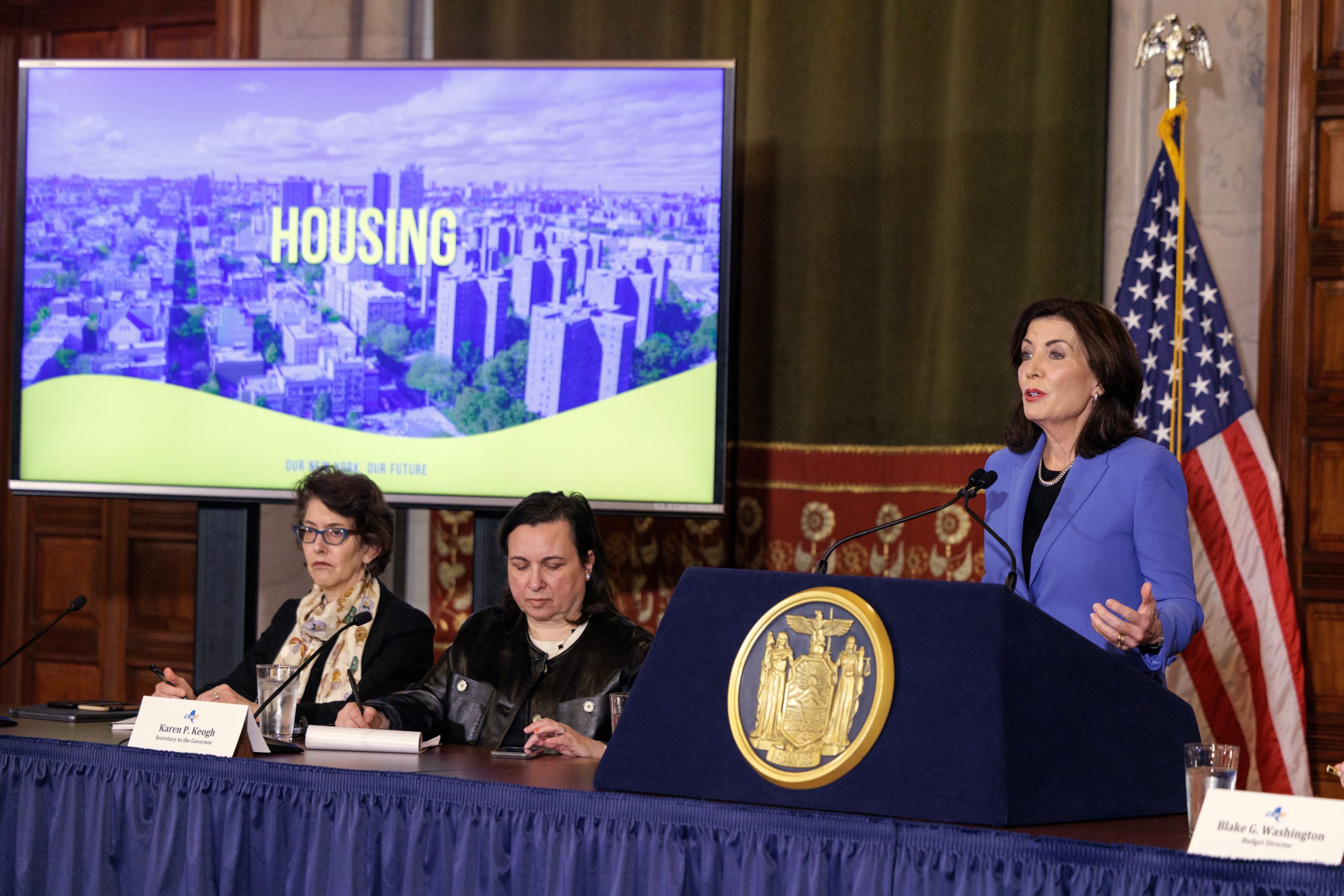 Governor Kathy Hochul speaks in Albany about reaching a deal on housing with legislative leaders during their budget negotiations.