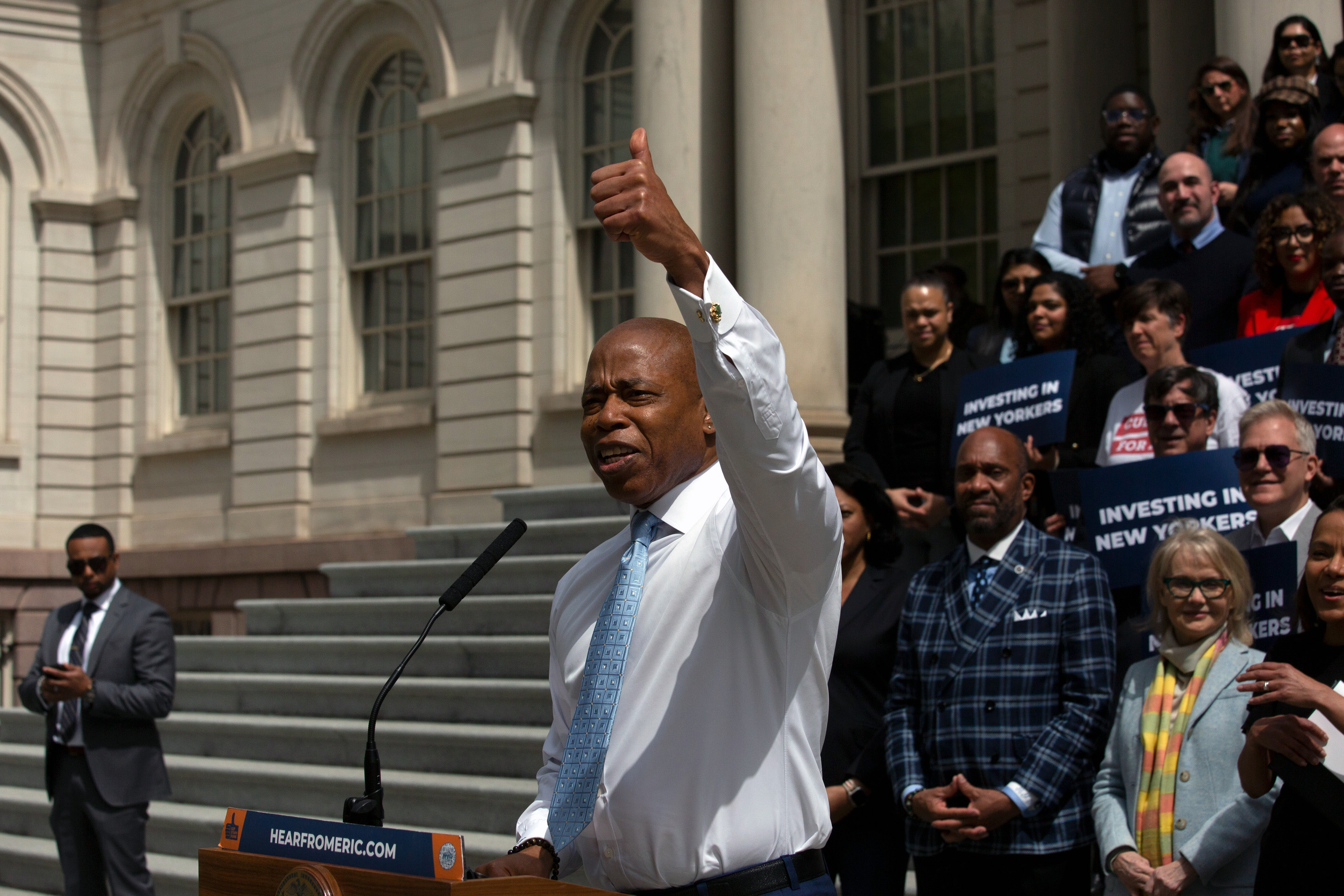 Mayor Eric Adams speaks at City Hall before releasing his executive budget.