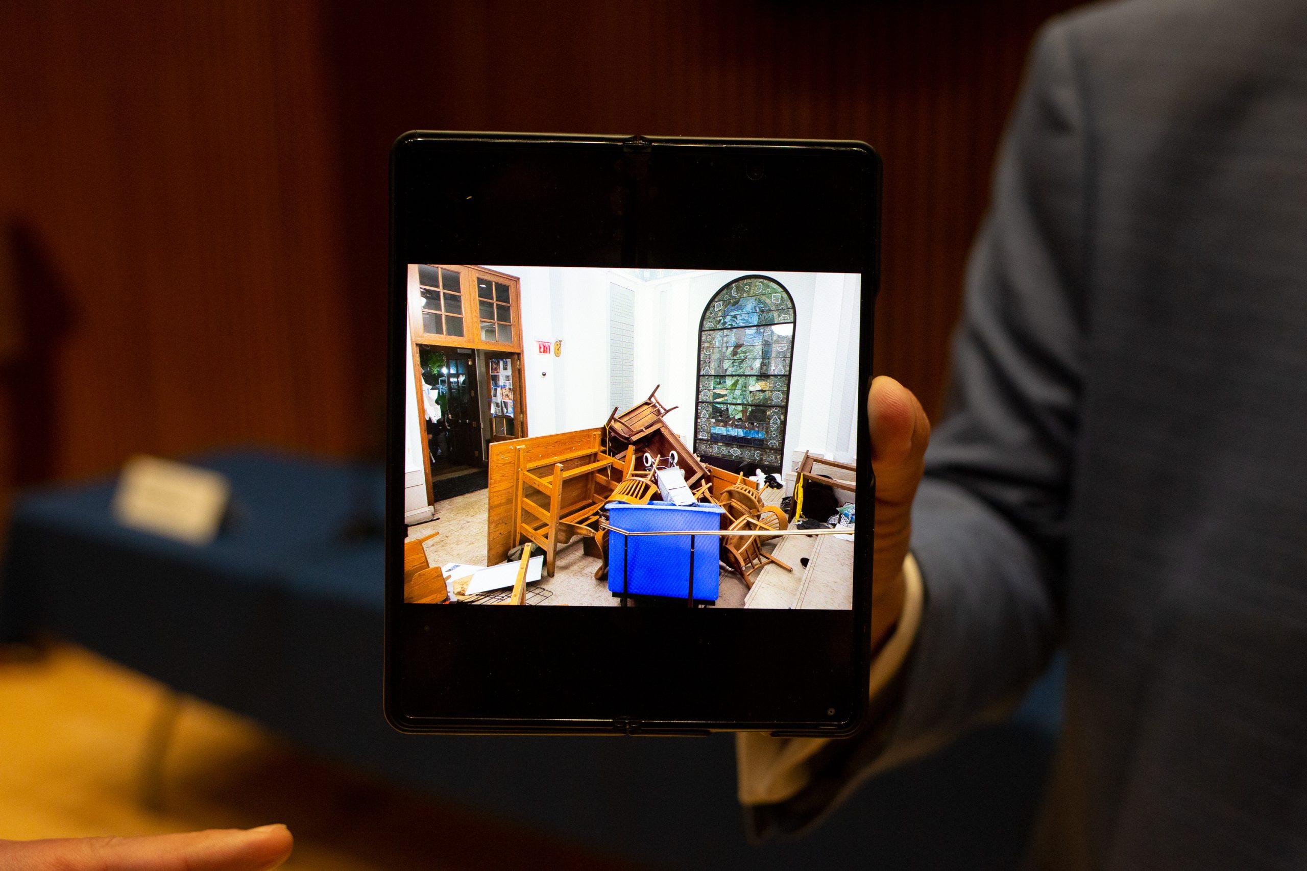 NYPD officials showed a photo of a barricade they said protesters used to block an entrance while occupying Hamilton Hall at Columbia University.