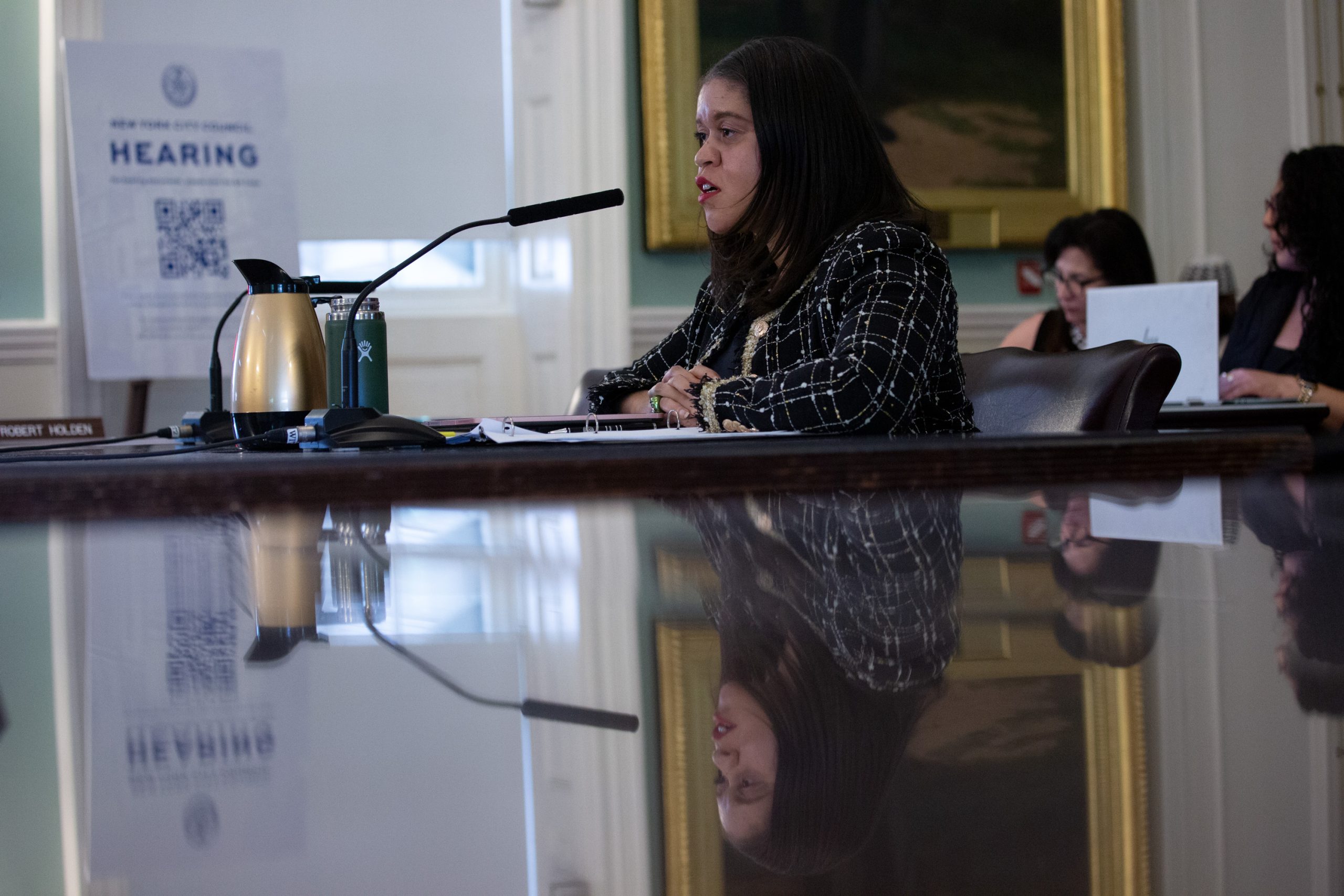 Office of Intergovernmental Affairs Director Tiffany Raspberry testifies at a City Council hearing about a new request form for legislators to speak with the mayor or mayoral agency.