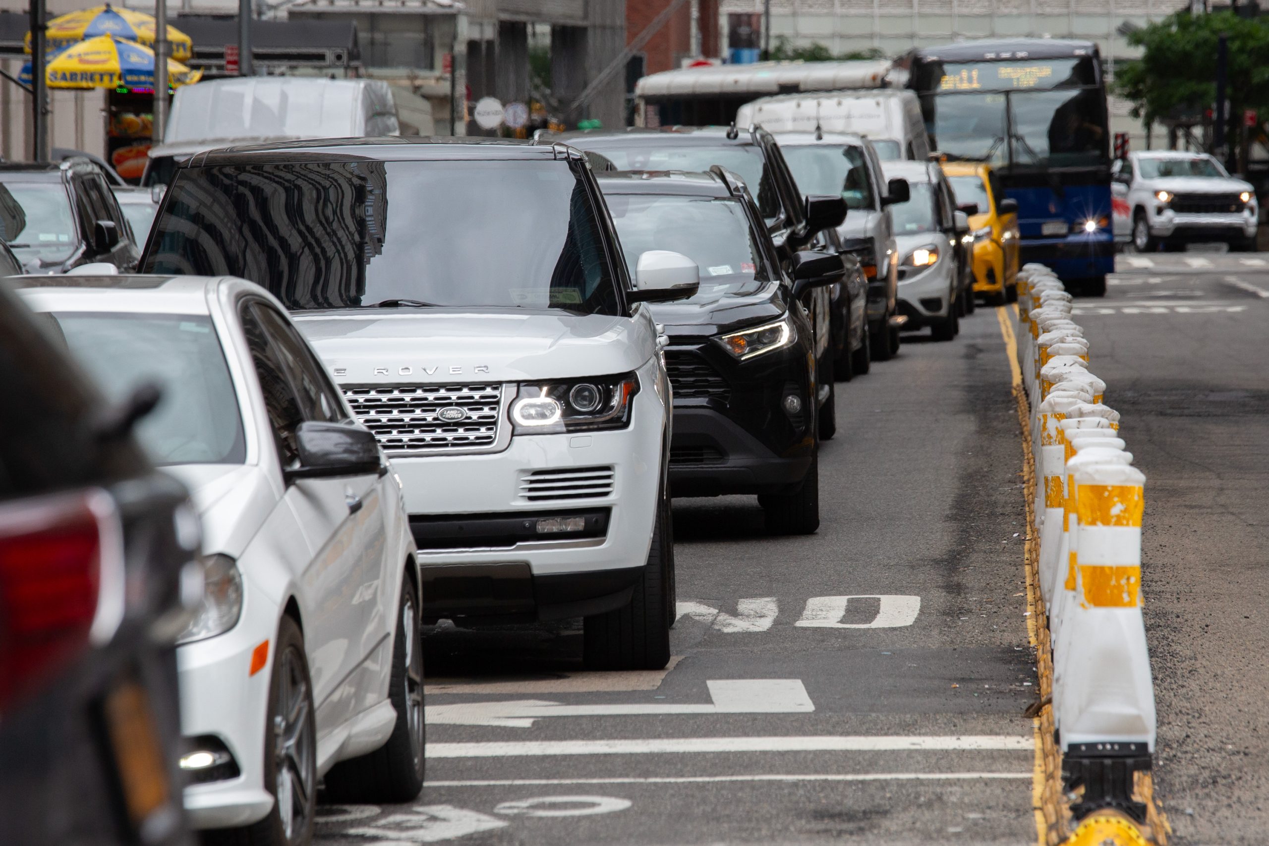 Drivers sit in Lower Manhattan traffic.