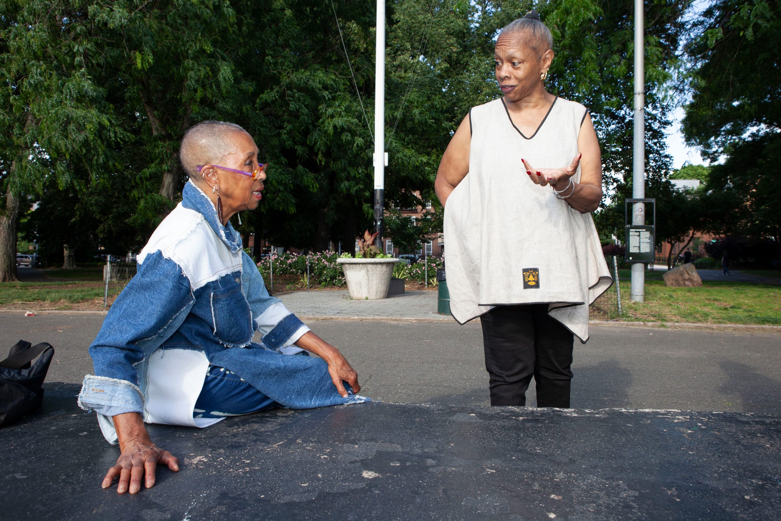 Juneteenth festival organizers Brenda Brunson-Bey and Spring McClendon speak to each other in Bed-Stuy's Herbert Von King Park.