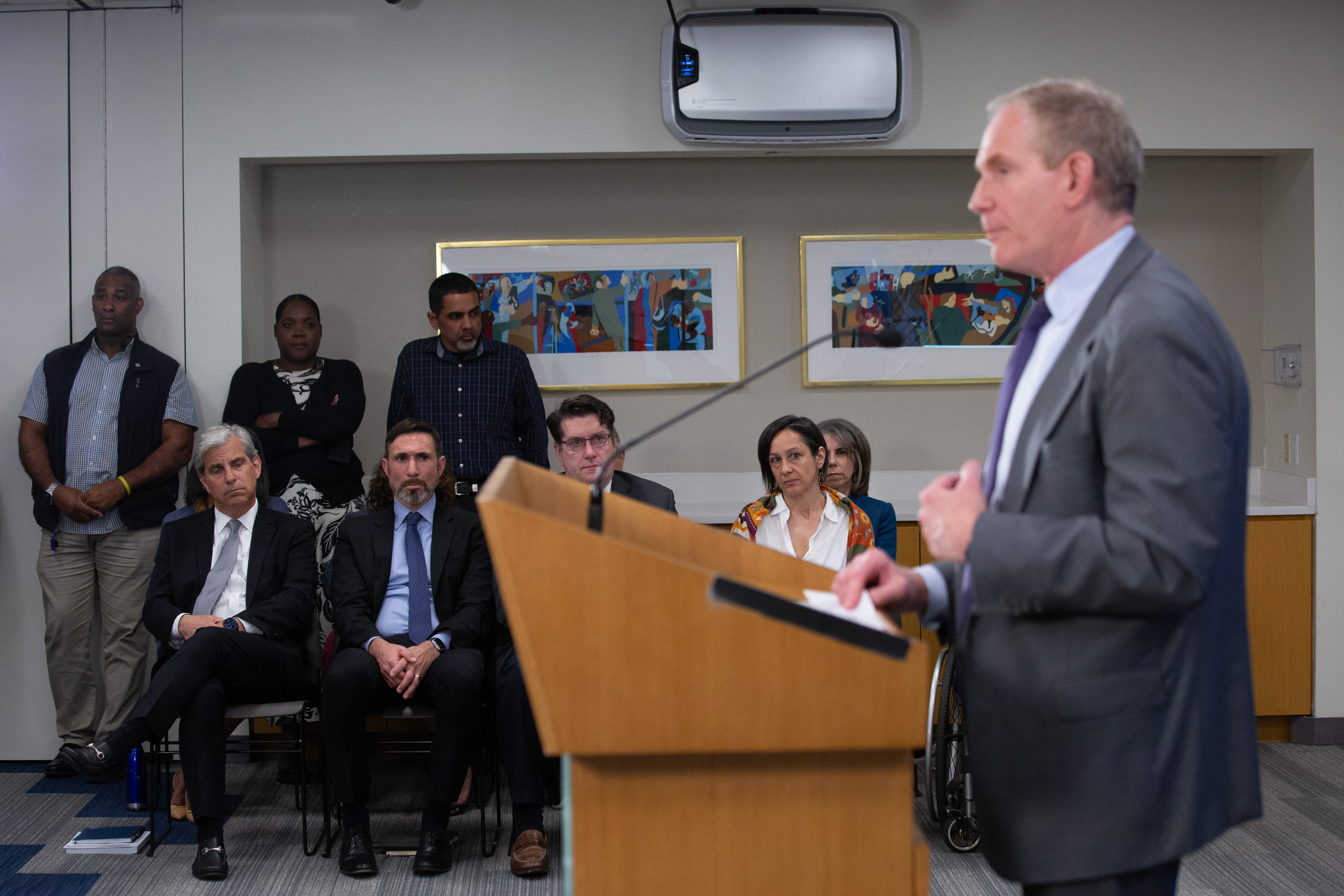 MTA heads watch CEO Janno Lieber speak in their Lower Manhattan headquarters about the pauses on congestion pricing.