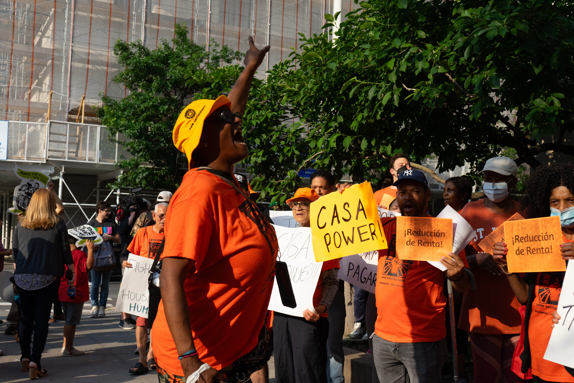 Tenant advocate Develyn Williams leads a protest outside Hunter College ahead of a Rent Guidelines Board meeting.