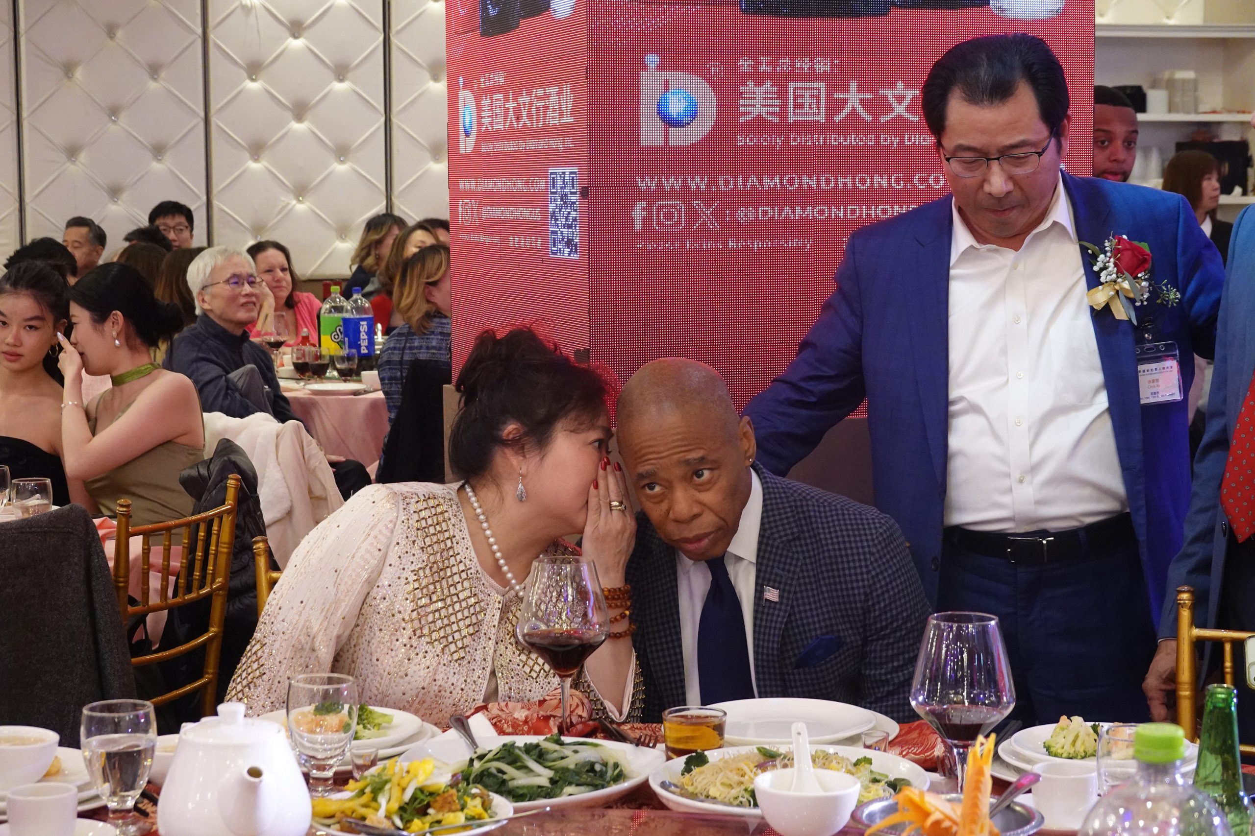 Mayor Eric Adams and Asian affairs advisor Winnie Greco at the Chinese Business Association's Christmas gala at the Royal Queen in Flushing.