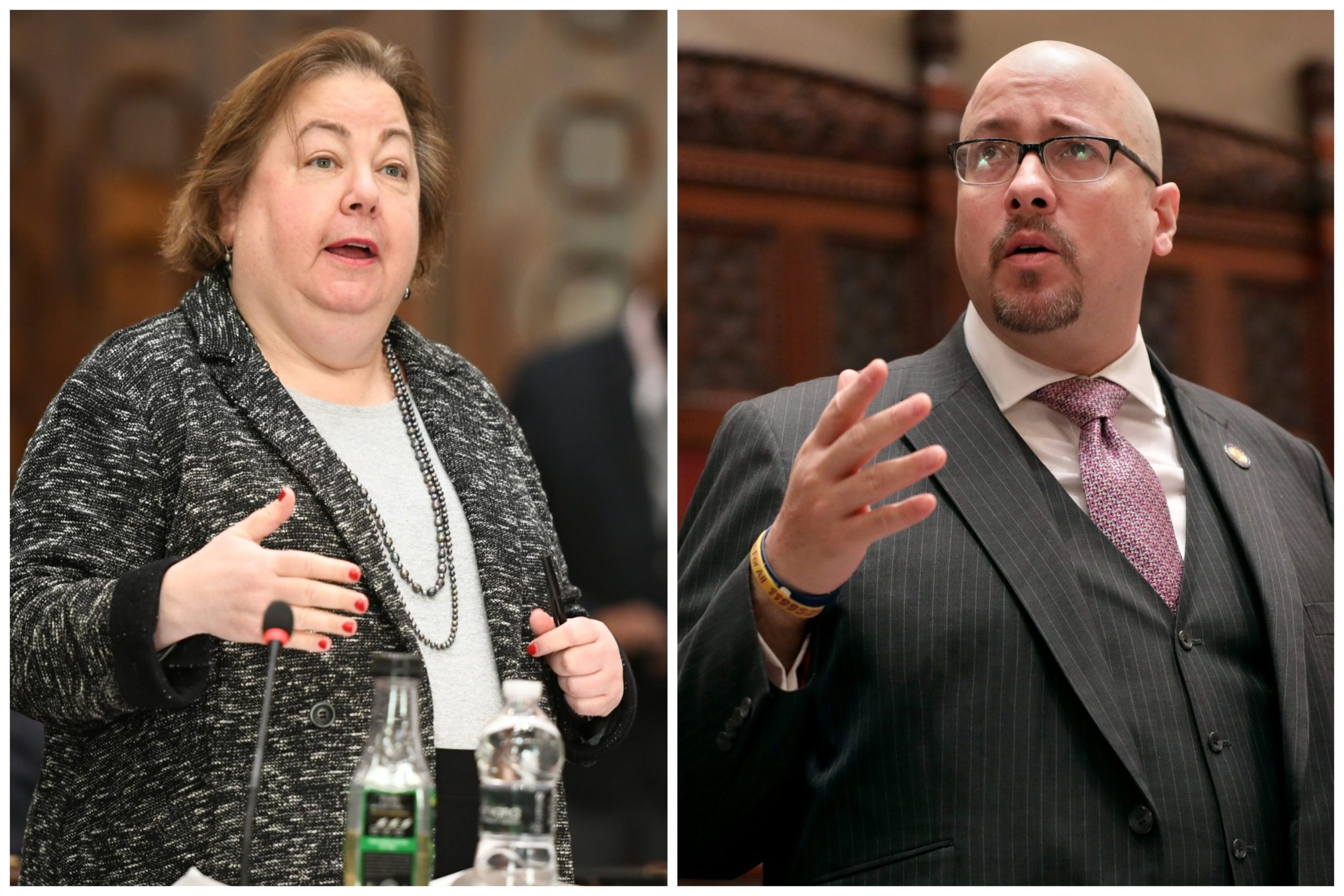 State Senators Liz Krueger and Gustavo Rivera are shown in a diptych image speaking at the Capitol Building in Albany.