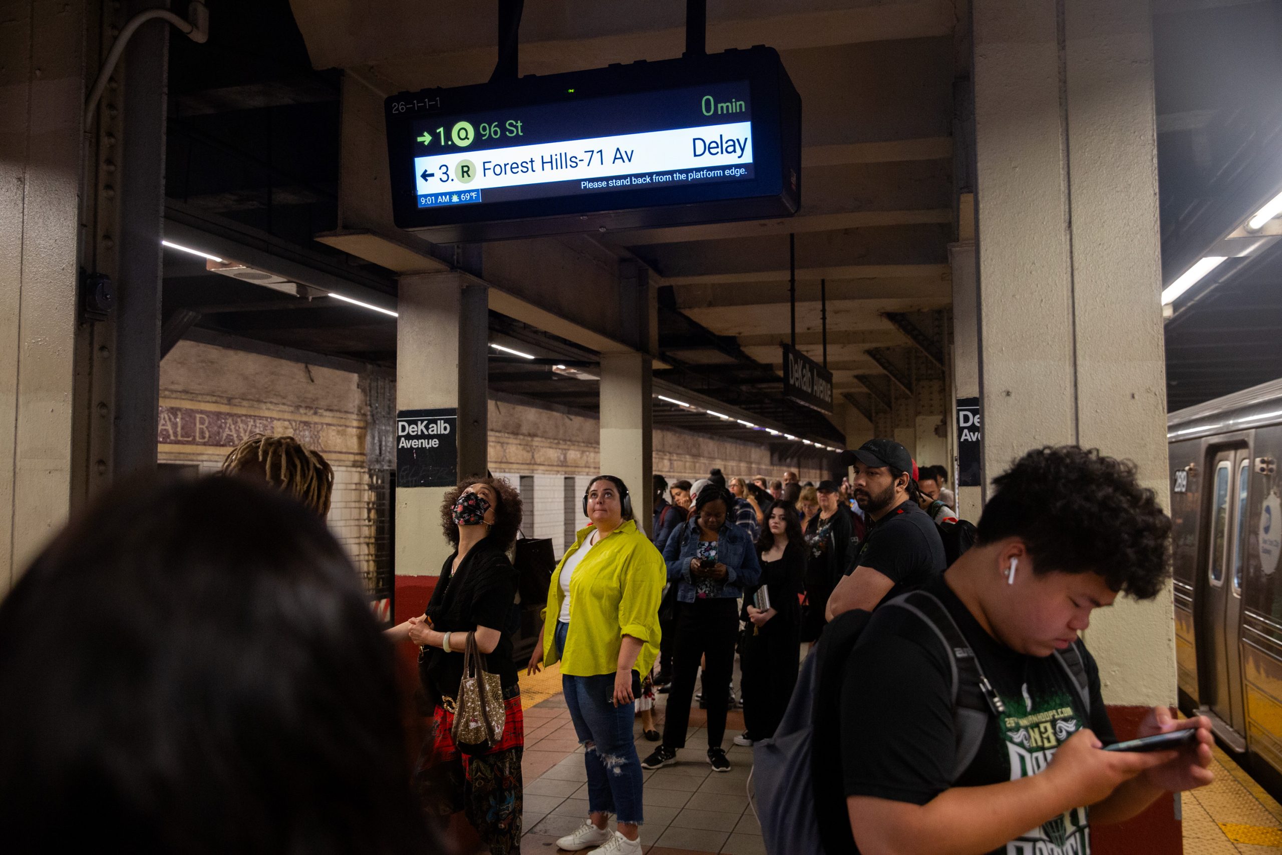 Morning commuters deal with delays on the R line in Brooklyn.