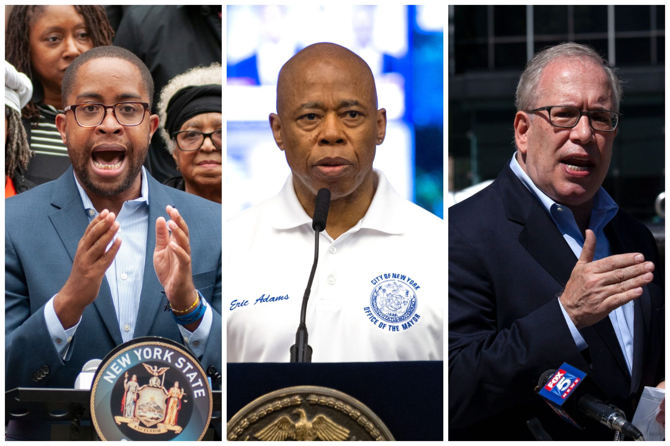 State Senator Zellnor Myrie, Mayor Eric Adams and former Comptroller Scott Stringer are seen in a triptych image.