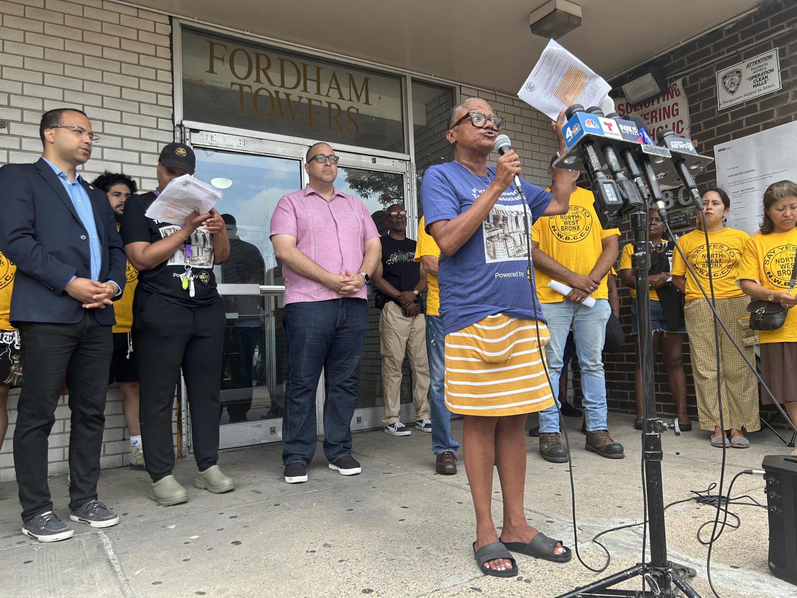 Nine-year tenant Melanie Jackson speaks in front of 480 East 188th St. in The Bronx. July 17, 2024.