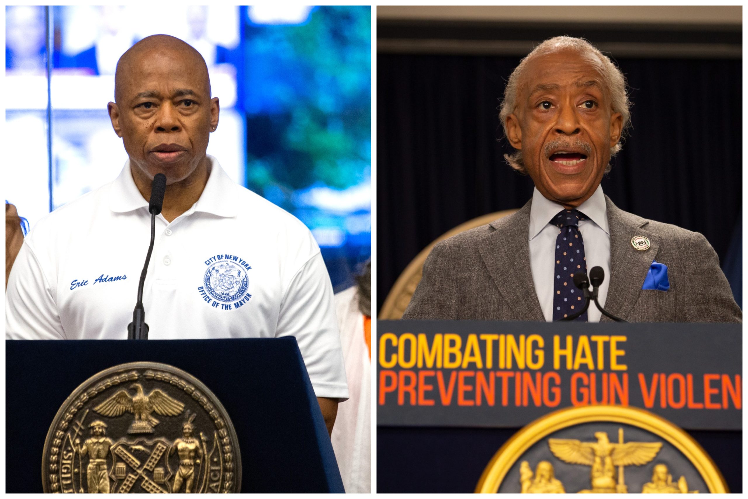 Mayor Eric Adams and the Reverend Al Sharpton are seeing speaking at podiums in a diptych image.