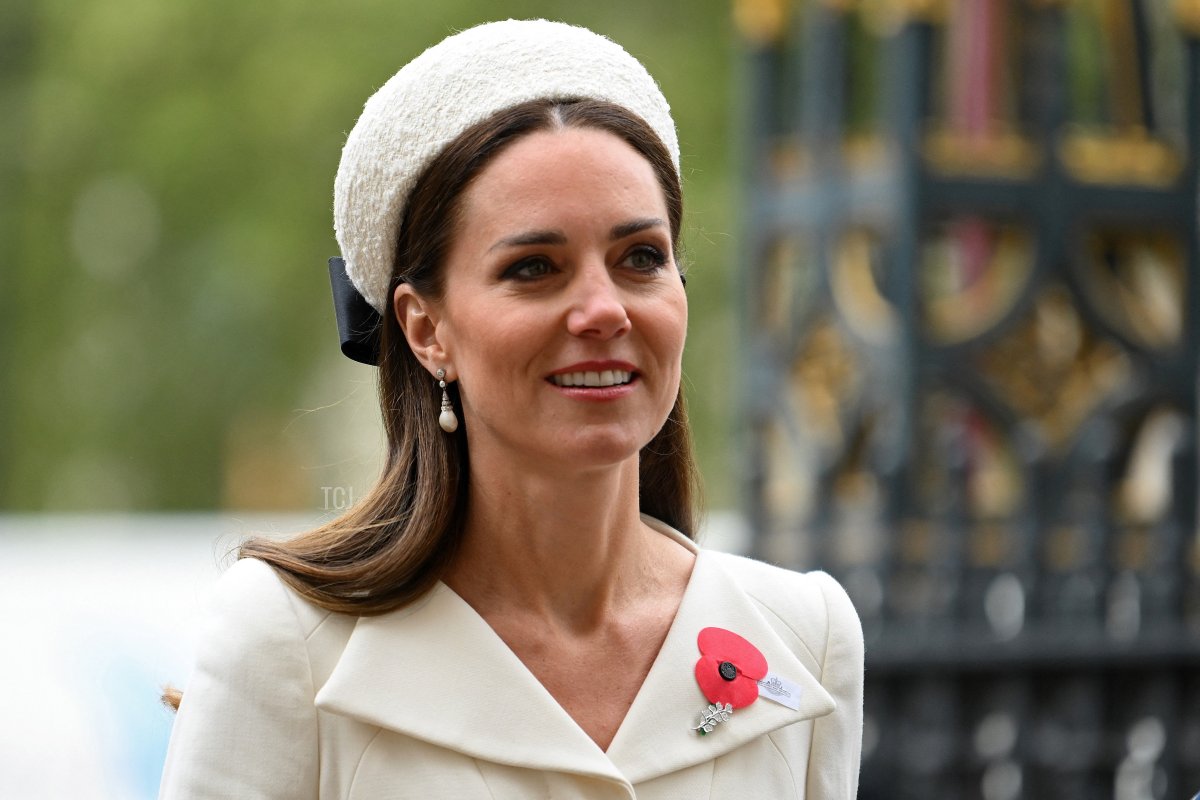 Britain's Catherine, Duchess of Cambridge, arrives to attend a service of commemoration and thanksgiving to mark Anzac Day in Westminster Abbey in London on April 25, 2022