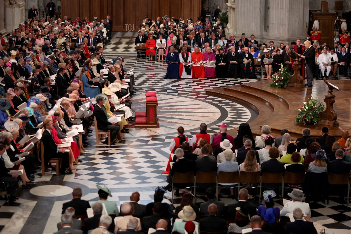 Britain's Prime Minister Boris Johnson addresses the National Service of Thanksgiving for The Queen's reign at Saint Paul's Cathedral in London on June 3, 2022 as part of Queen Elizabeth II's platinum jubilee celebrations