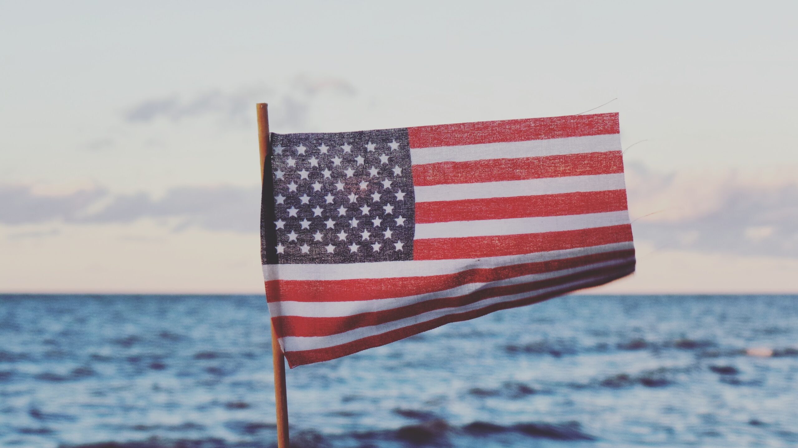 Macro view of waving USA flag.