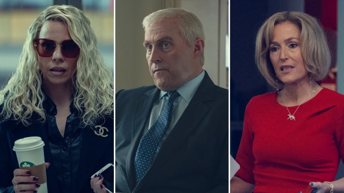 From left to right: Billie Piper, Rufus Sewell and Gillian Anderson in "Scoop" (Netflix)