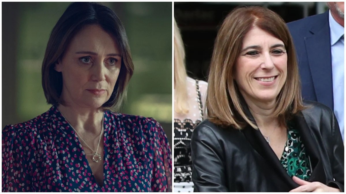 Side-by-side images of Keeley Hawes in Netflix's Scoop and the real-life Amanda Thirsk