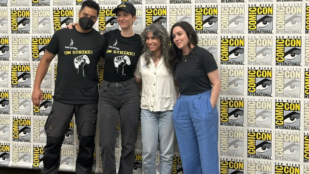 Noshir Dalal, Sarah Elmaleh, Ashly Burch and Shannon Woodward at SAG-AFTRA Comic-Con press conference over video game strike